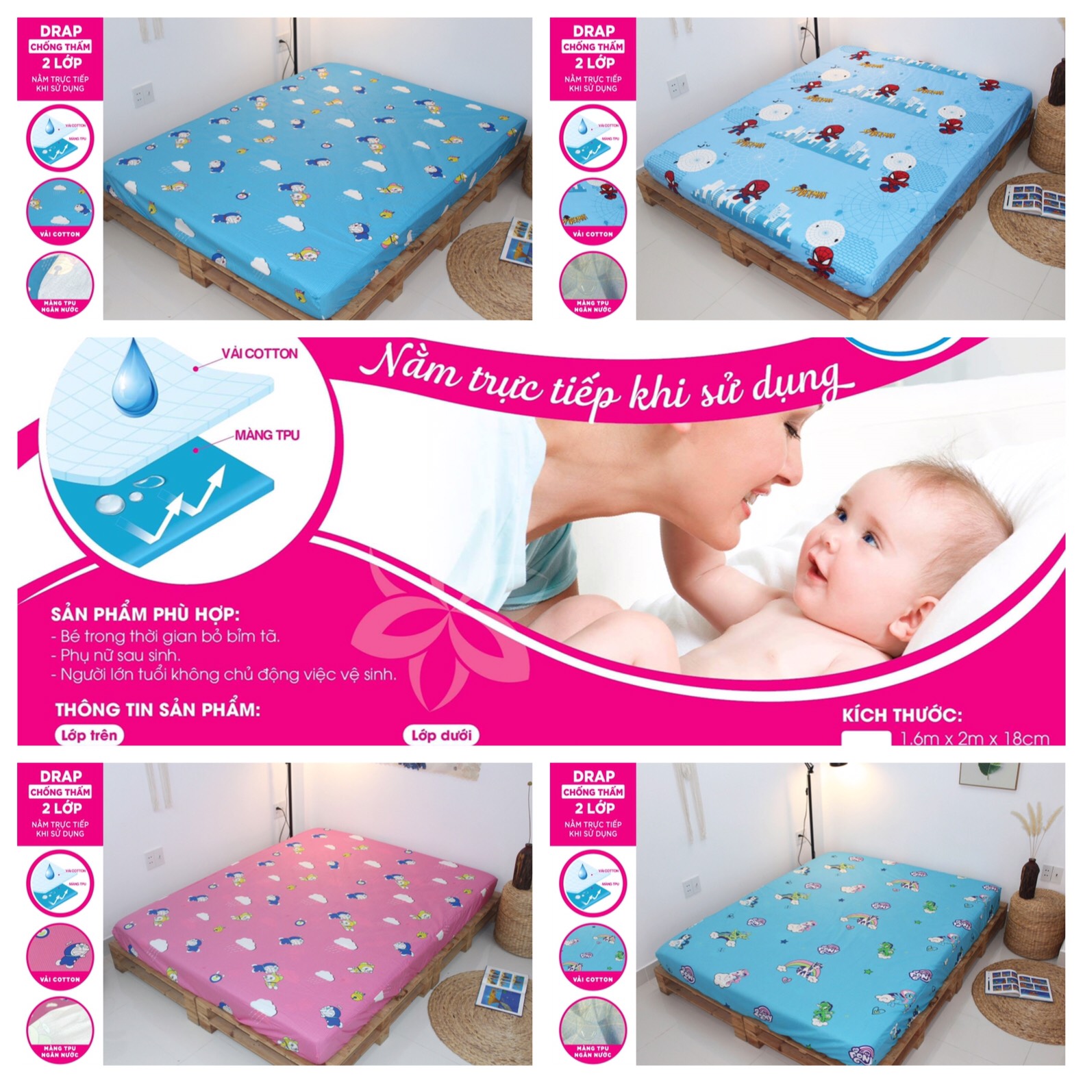 Drap Cotton KHA LY - Chống Thấm 2 Lớp - ngăn nước thấm xuống nệm - nằm trực tiếp khi sử dụng