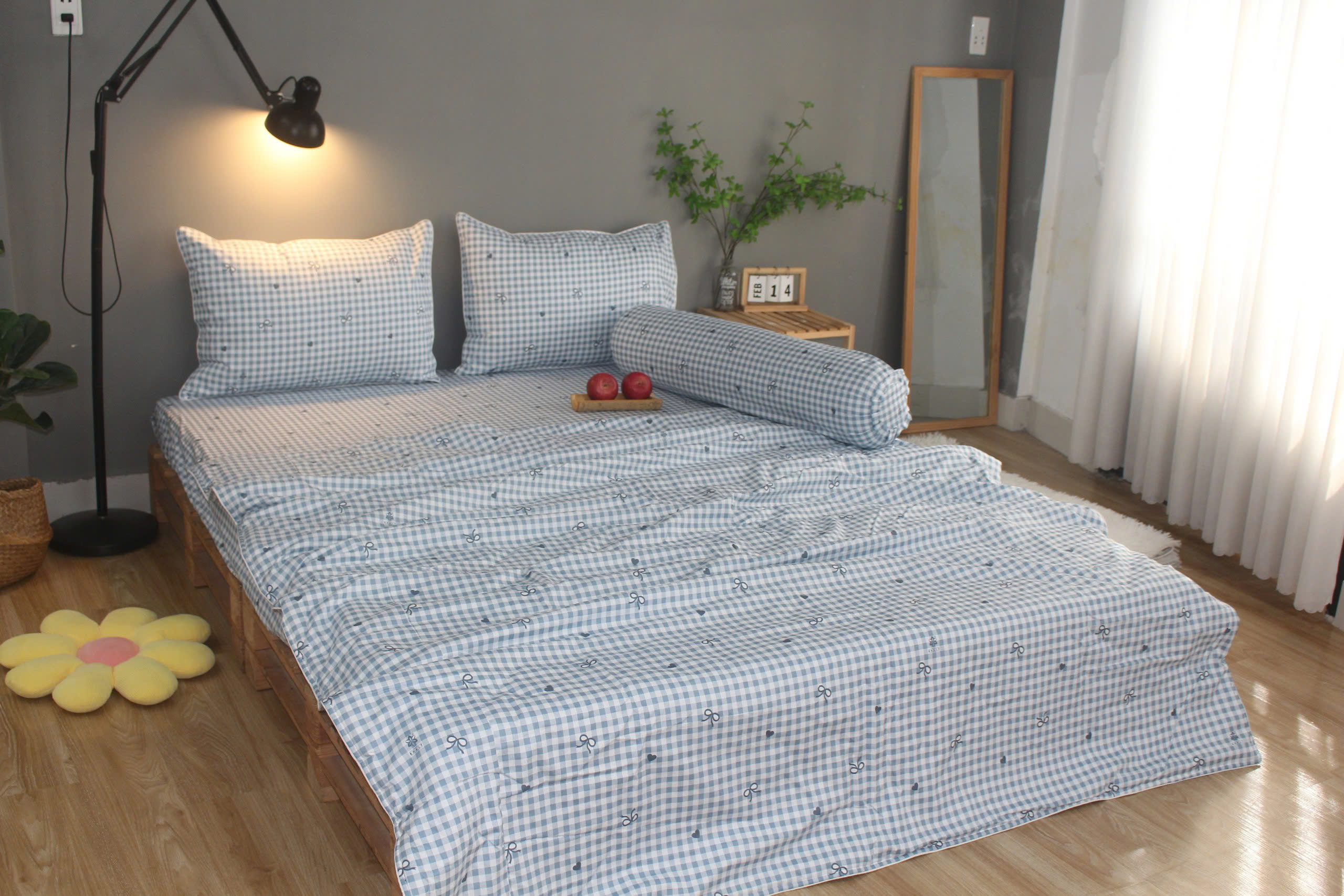 Bộ drap gối KHA LY - 100% cotton thiên nhiên Caro Nơ-Xanh Biển