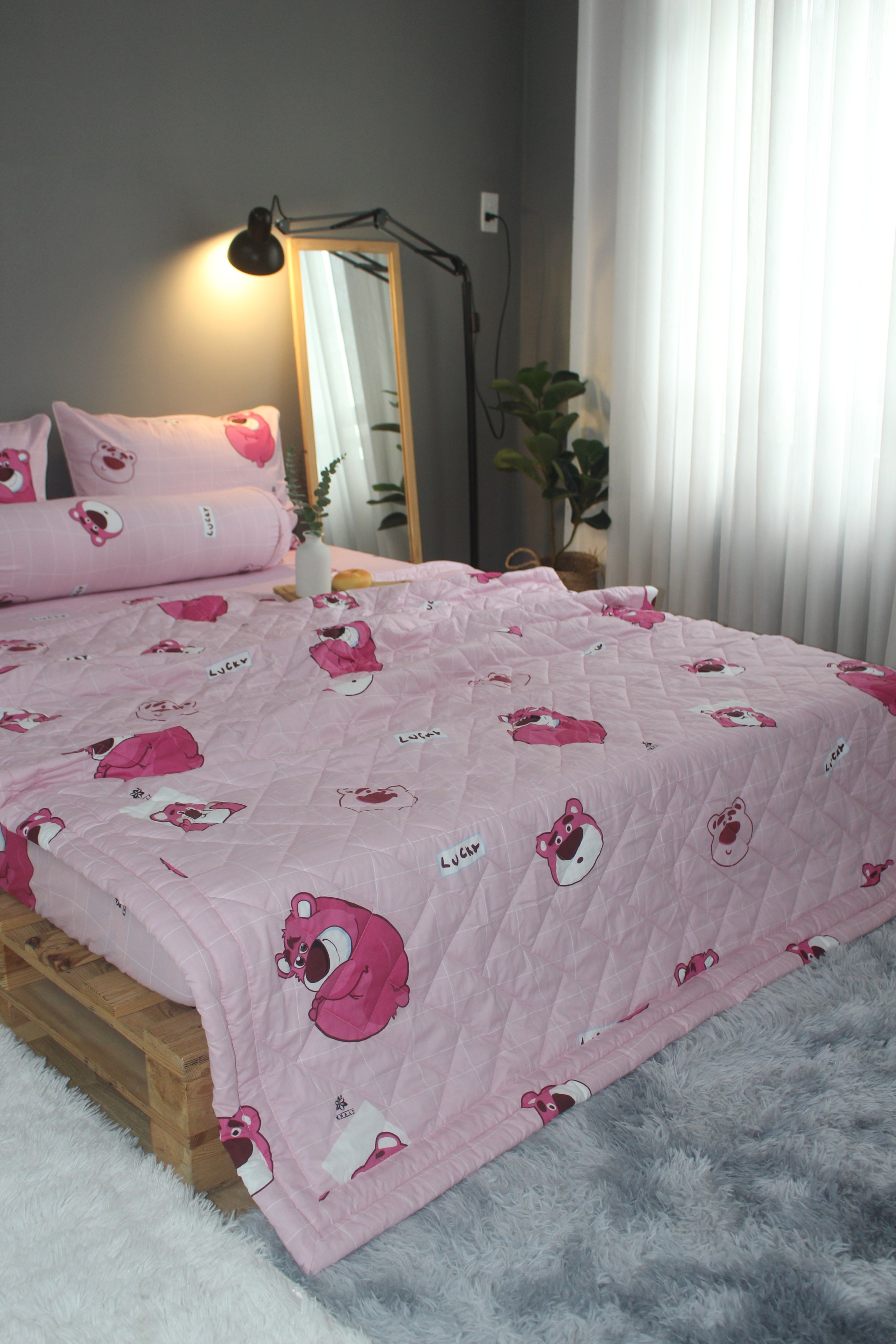 Bộ drap gối KHA LY - 100% cotton thiên nhiên  Lotso Hồng