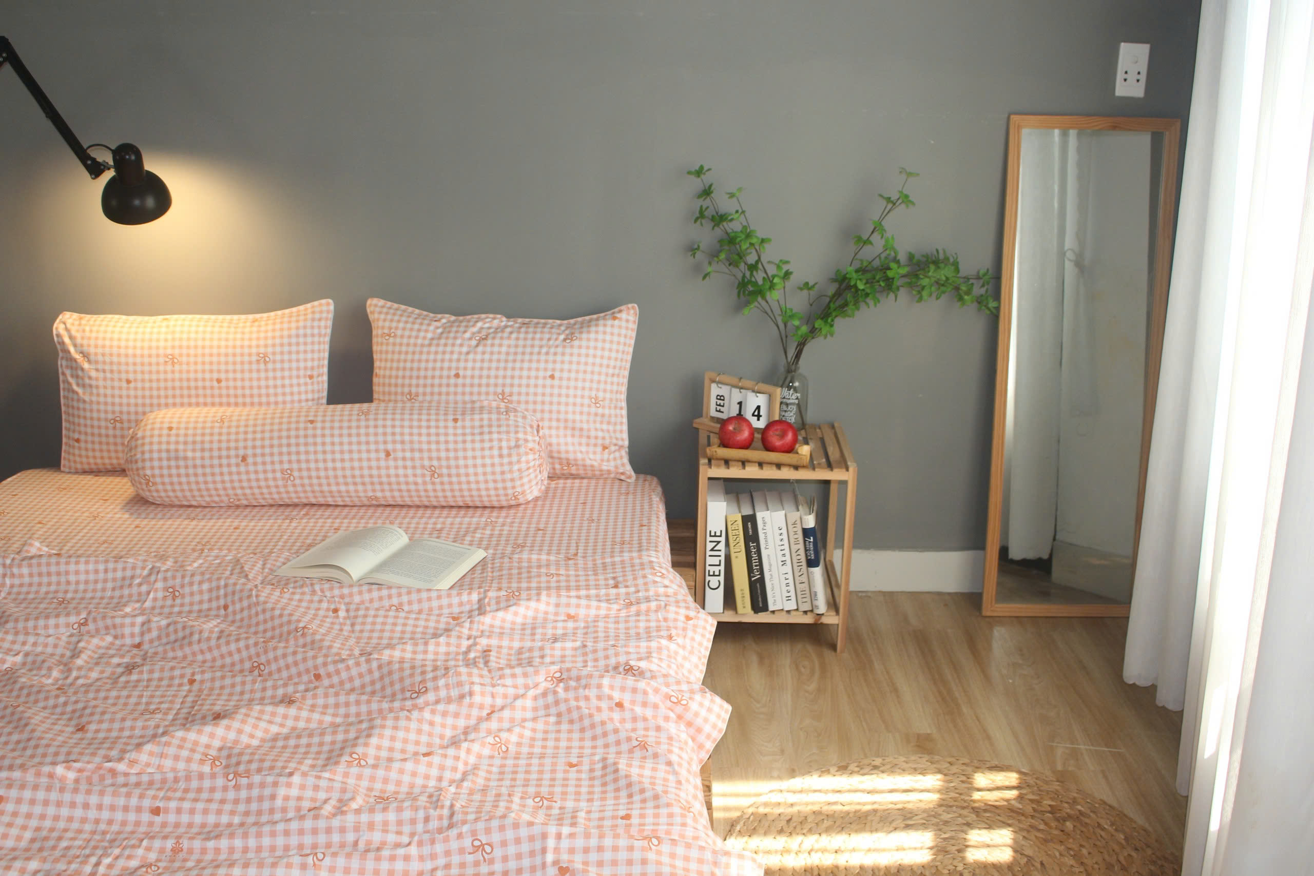 Bộ drap gối KHA LY - 100% cotton thiên nhiên Caro Nơ-Cam