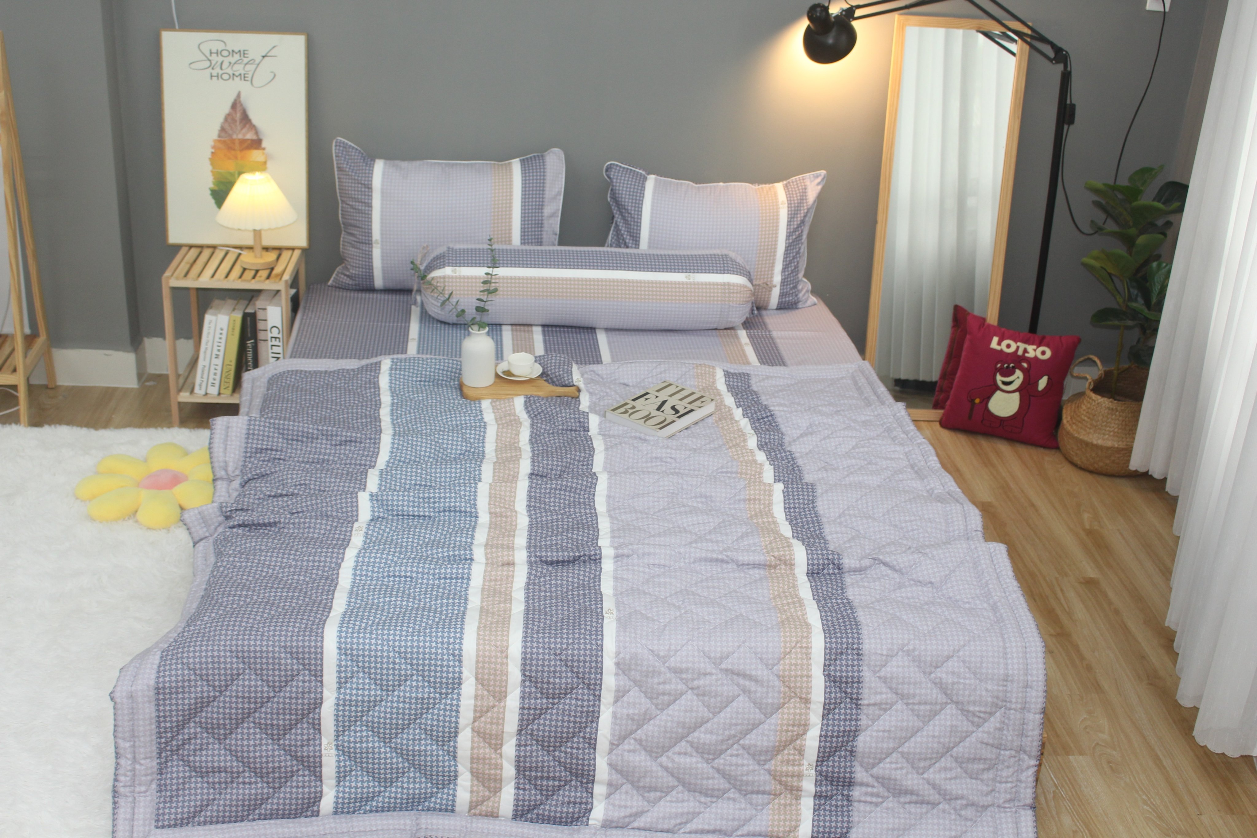 Bộ drap gối KHA LY - 100% cotton thiên nhiên Sọc Nhí-Xám