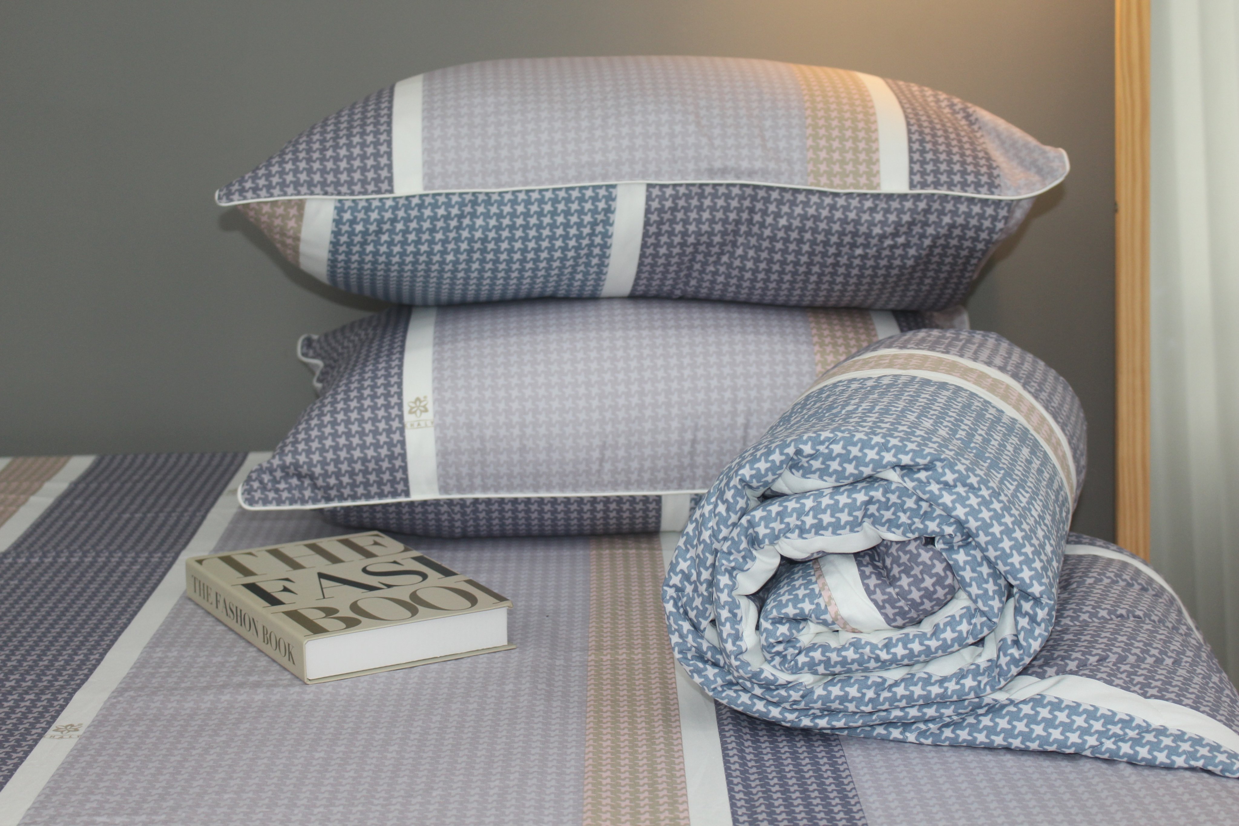 Bộ drap gối KHA LY - 100% cotton thiên nhiên Sọc Nhí-Xám