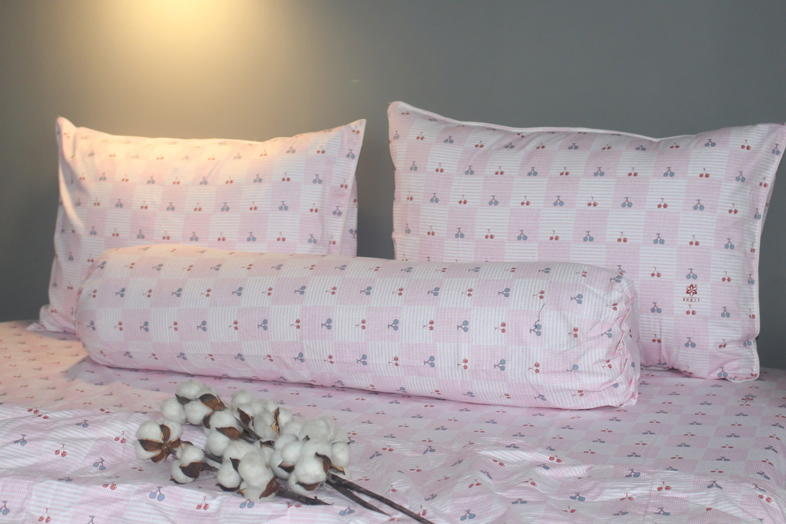 Bộ drap gối KHA LY - 100% cotton thiên nhiên Cherry Hồng