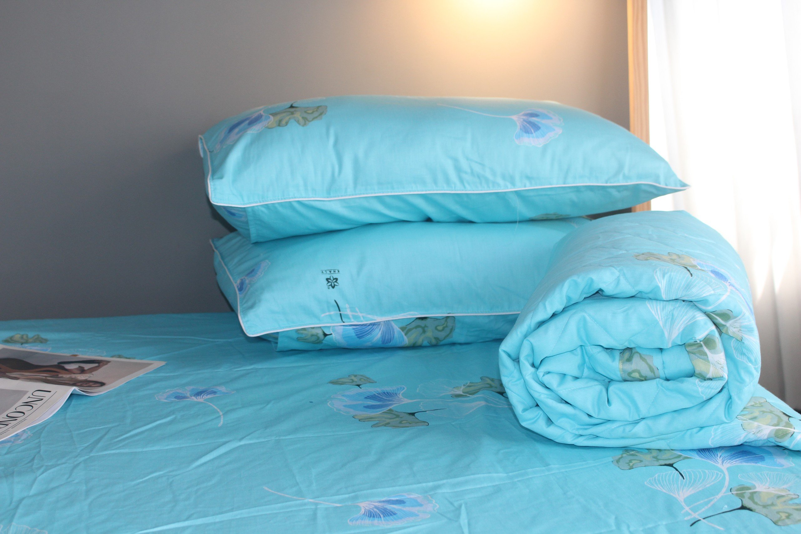 Bộ drap gối KHA LY - 100% cotton thiên nhiên Rau Má-Xanh Ngọc