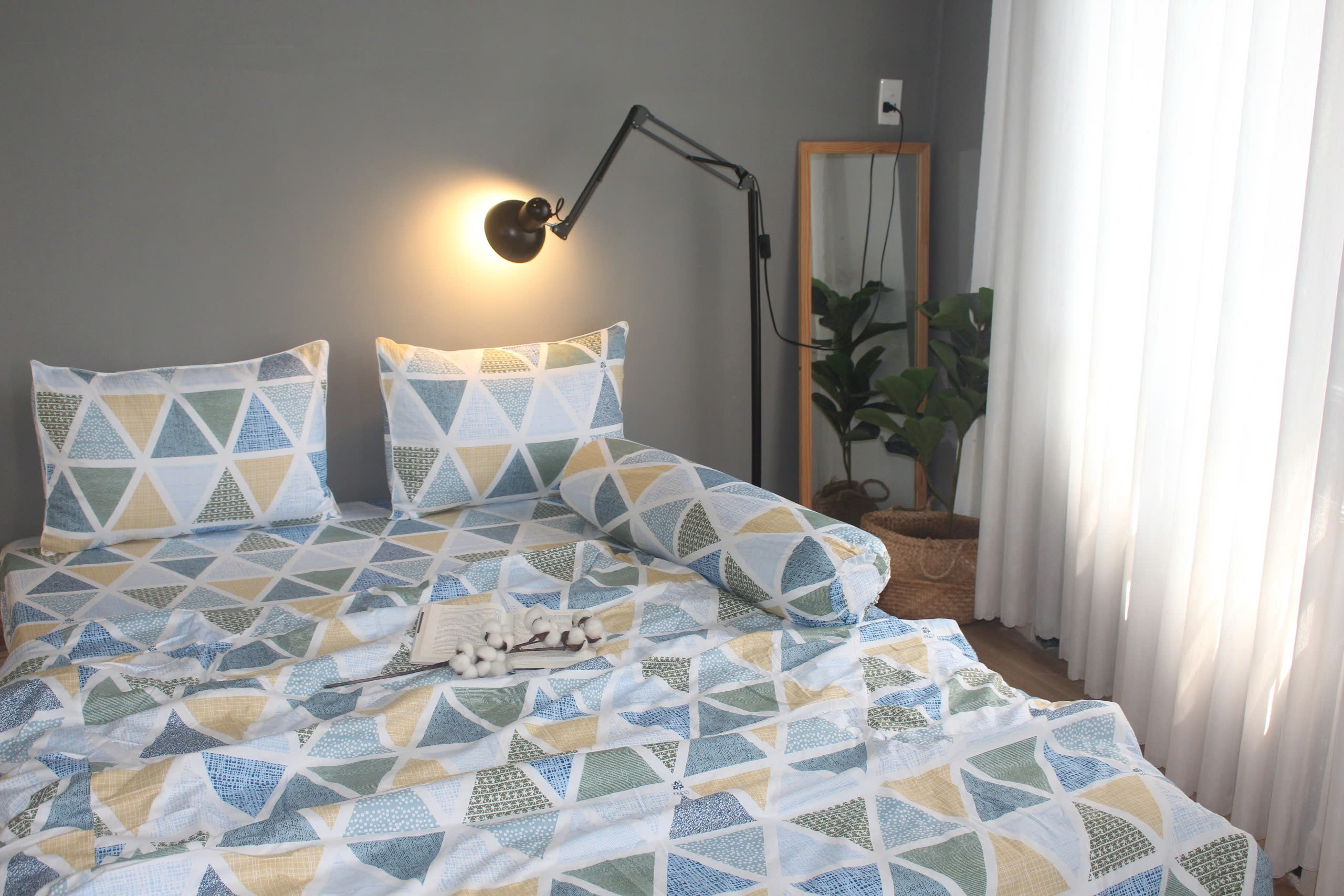 Bộ drap gối KHA LY - 100% cotton thiên nhiên Tam Giác Đậm
