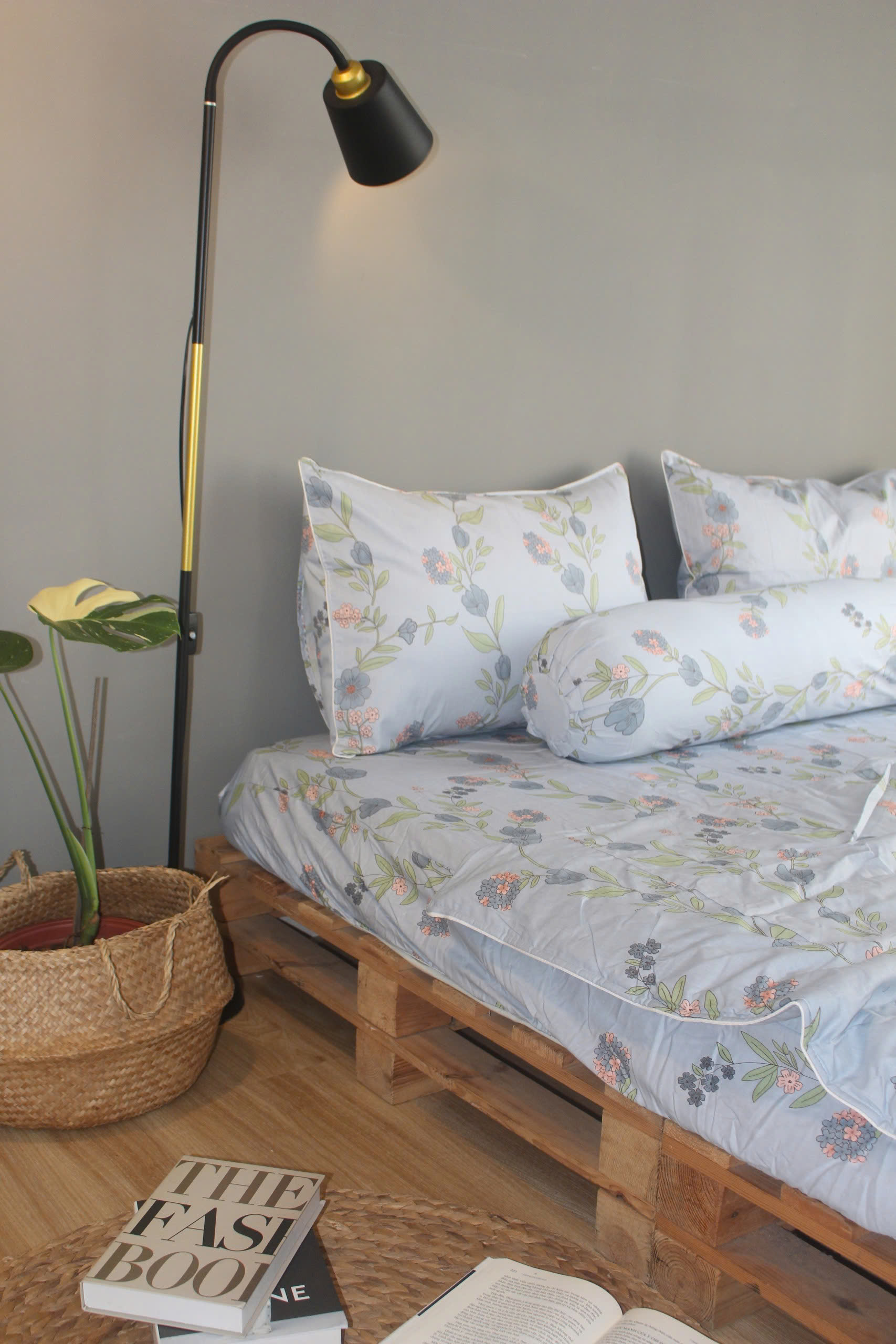Bộ drap gối KHA LY - 100% cotton thiên nhiên Dây Leo-Xanh Xám