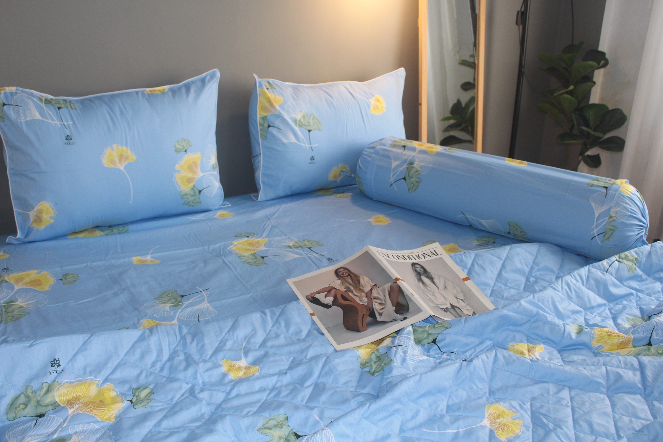 Bộ drap gối KHA LY - 100% cotton thiên nhiên Rau Má-Xanh Lam
