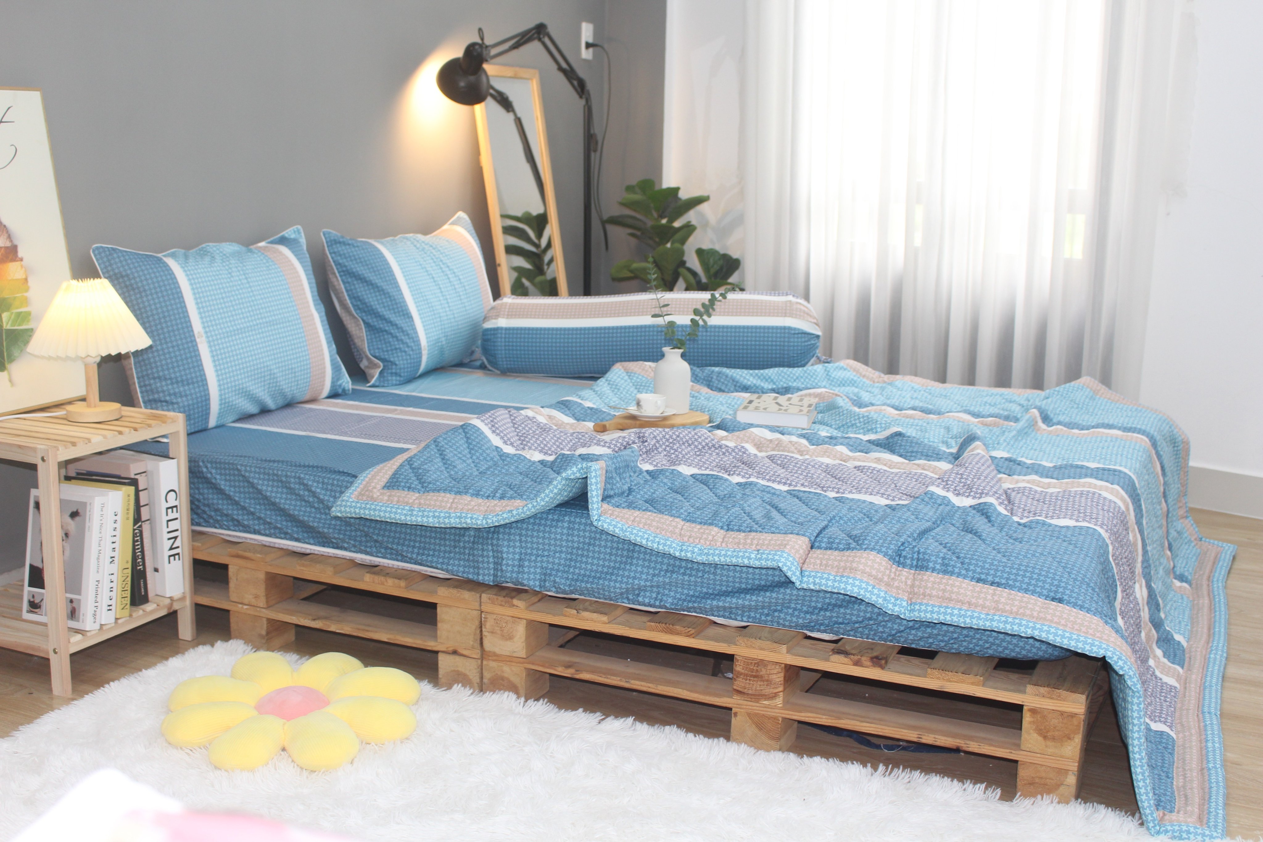 Bộ drap gối KHA LY - 100% cotton thiên nhiên Sọc Nhí-Xanh