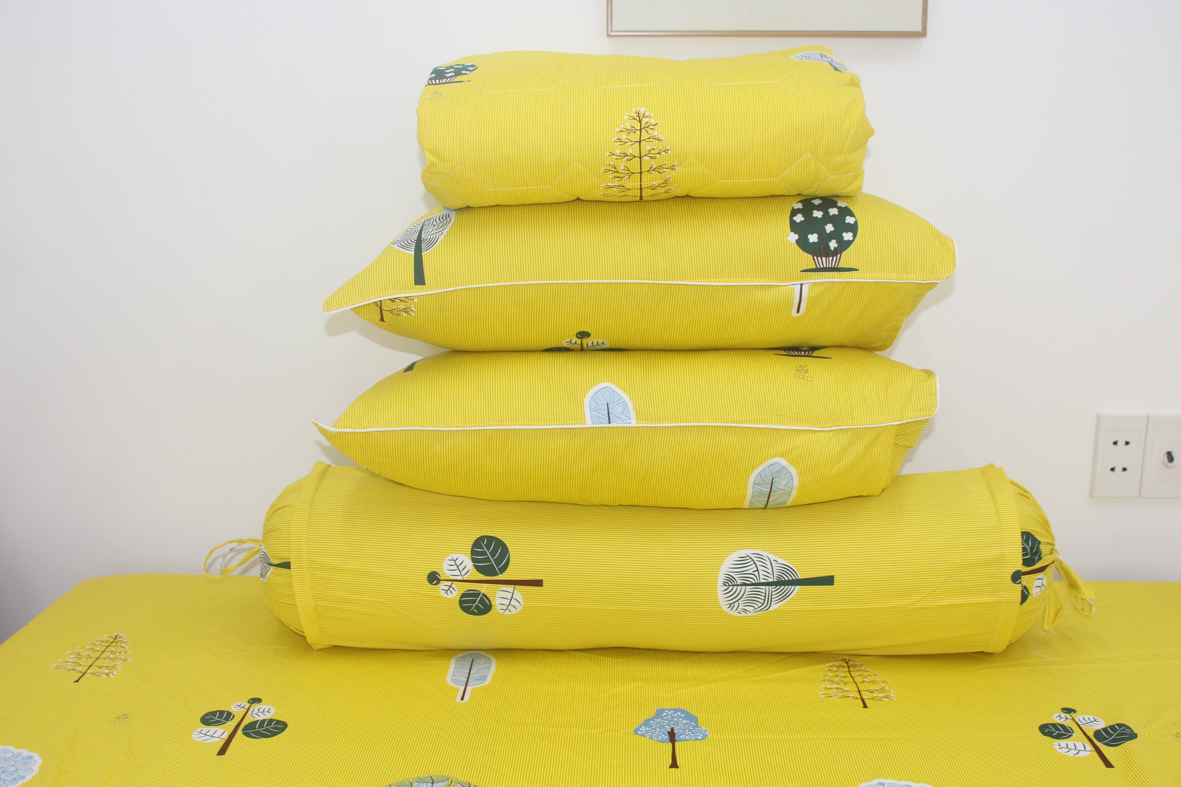 Bộ drap gối KHA LY - 100% cotton thiên nhiên Tree Vàng