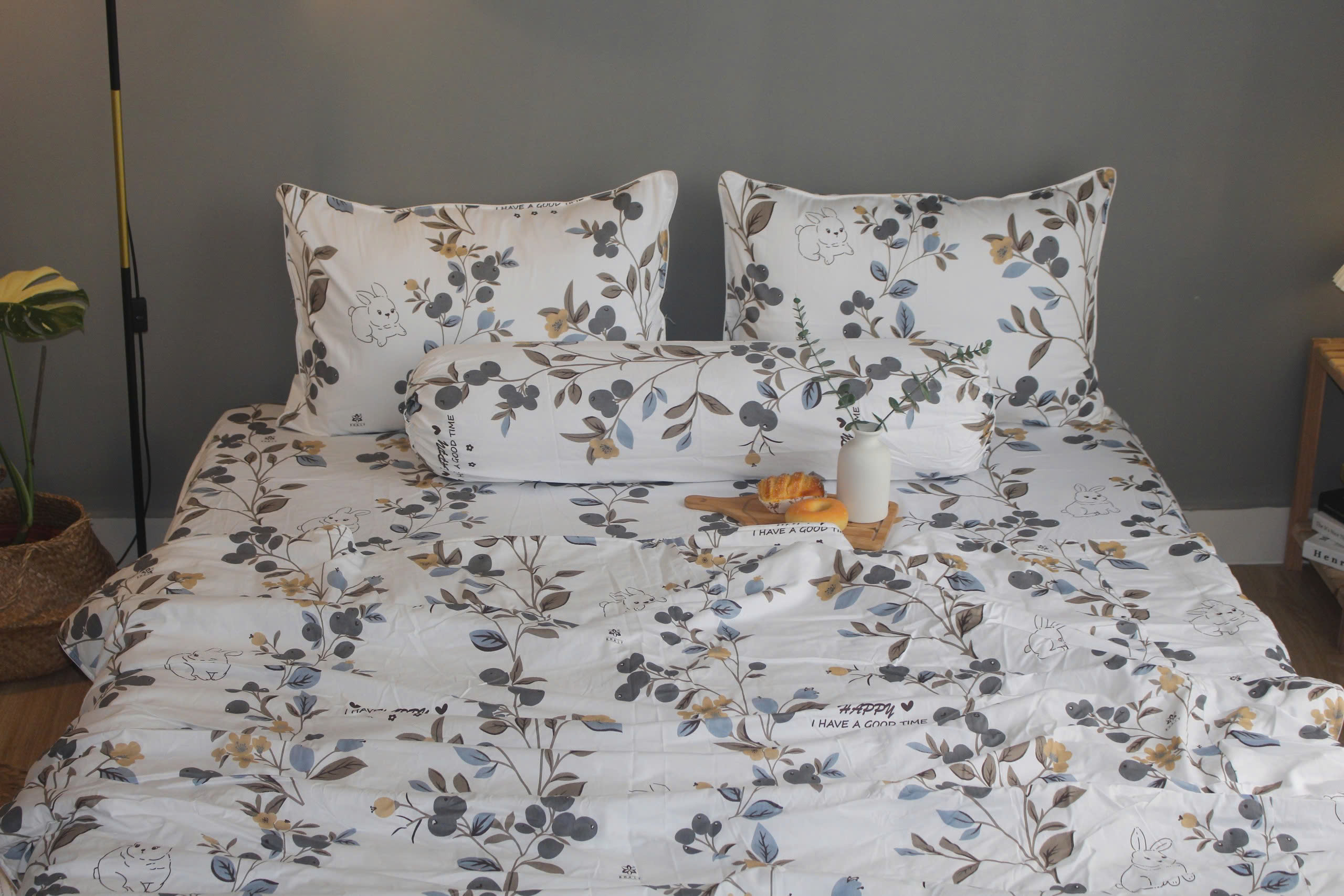 Bộ drap gối KHA LY - 100% cotton thiên nhiên Ô Liu Trắng