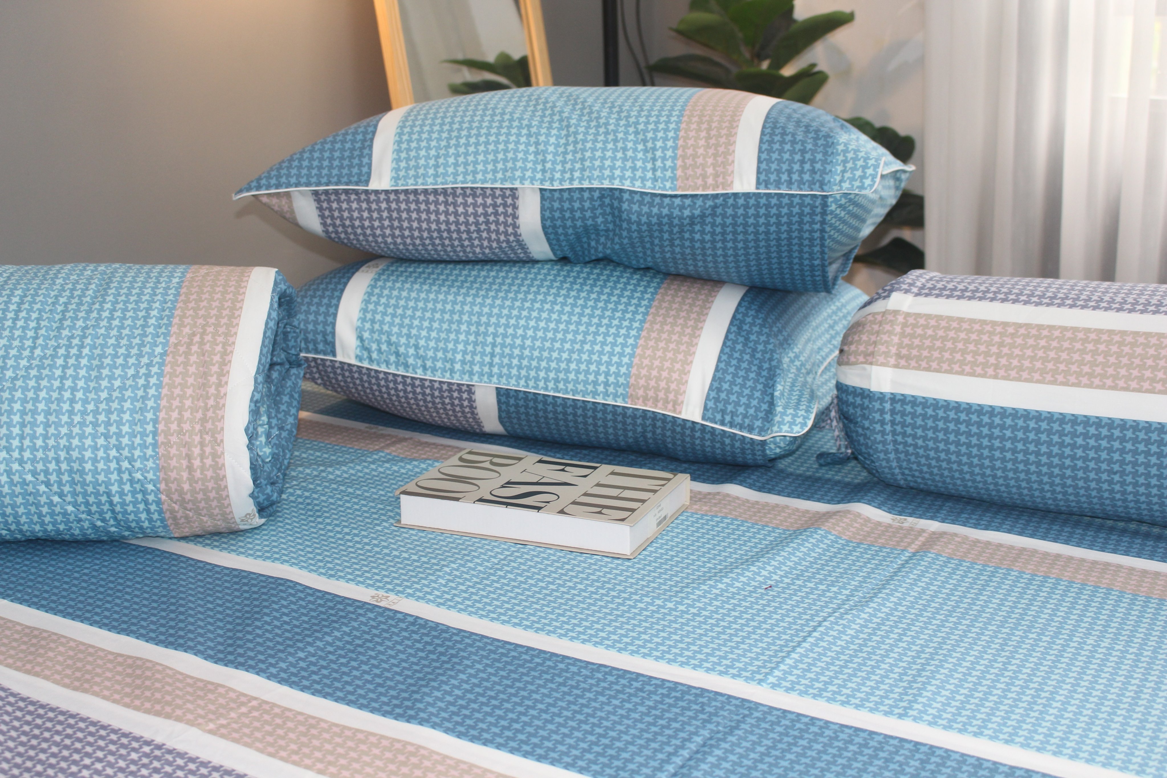Bộ drap gối KHA LY - 100% cotton thiên nhiên Sọc Nhí-Xanh