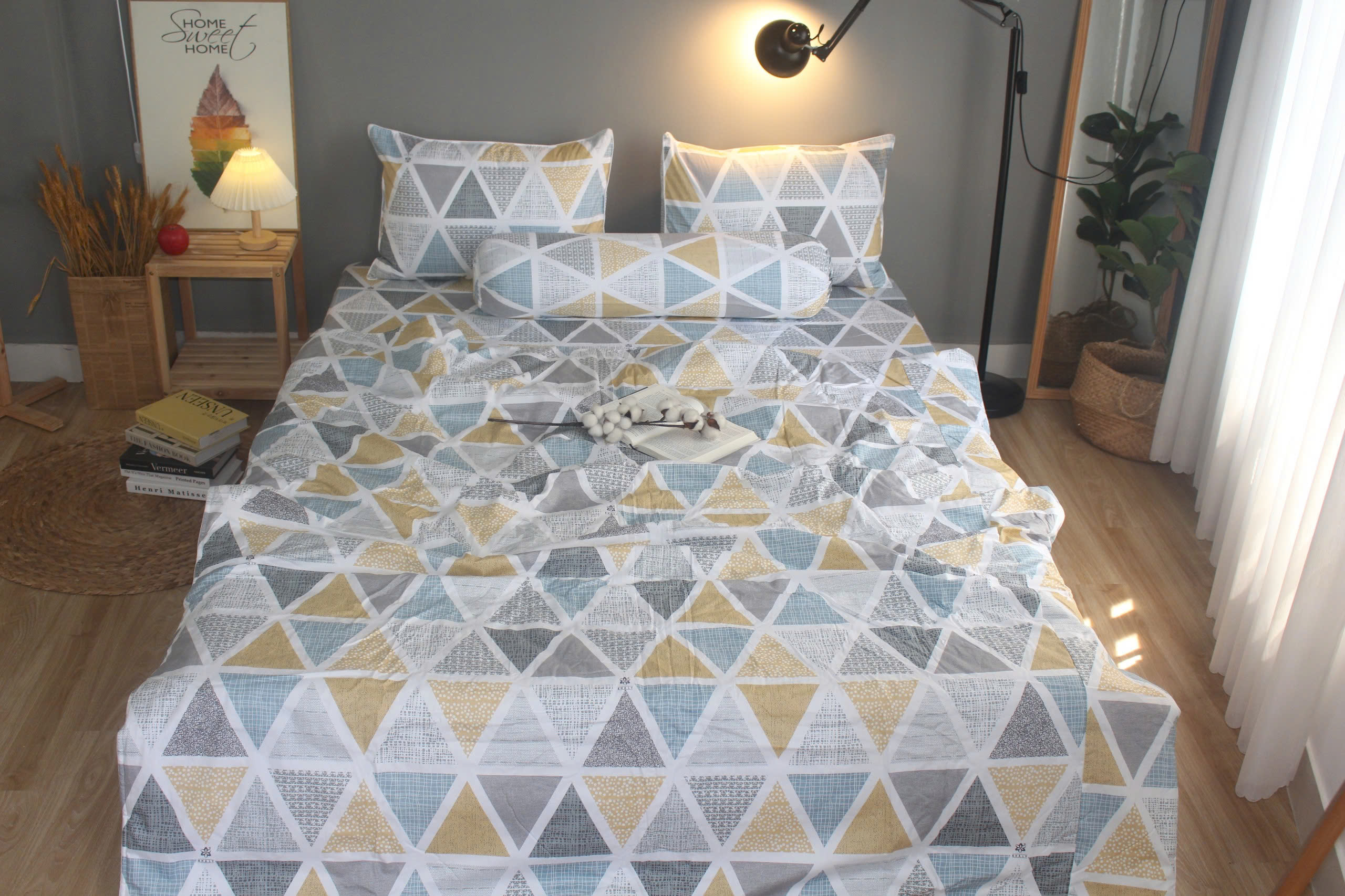 Bộ drap gối KHA LY - 100% cotton thiên nhiên Tam Giác Nhạt