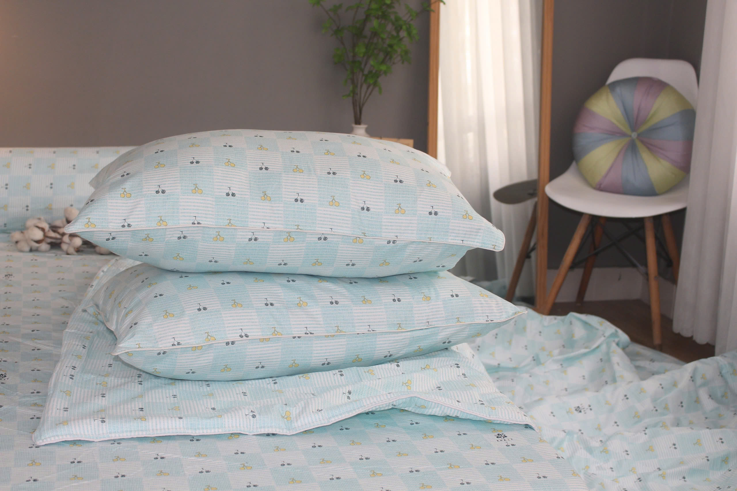 Bộ drap gối KHA LY - 100% cotton thiên nhiên Cherry Ngọc