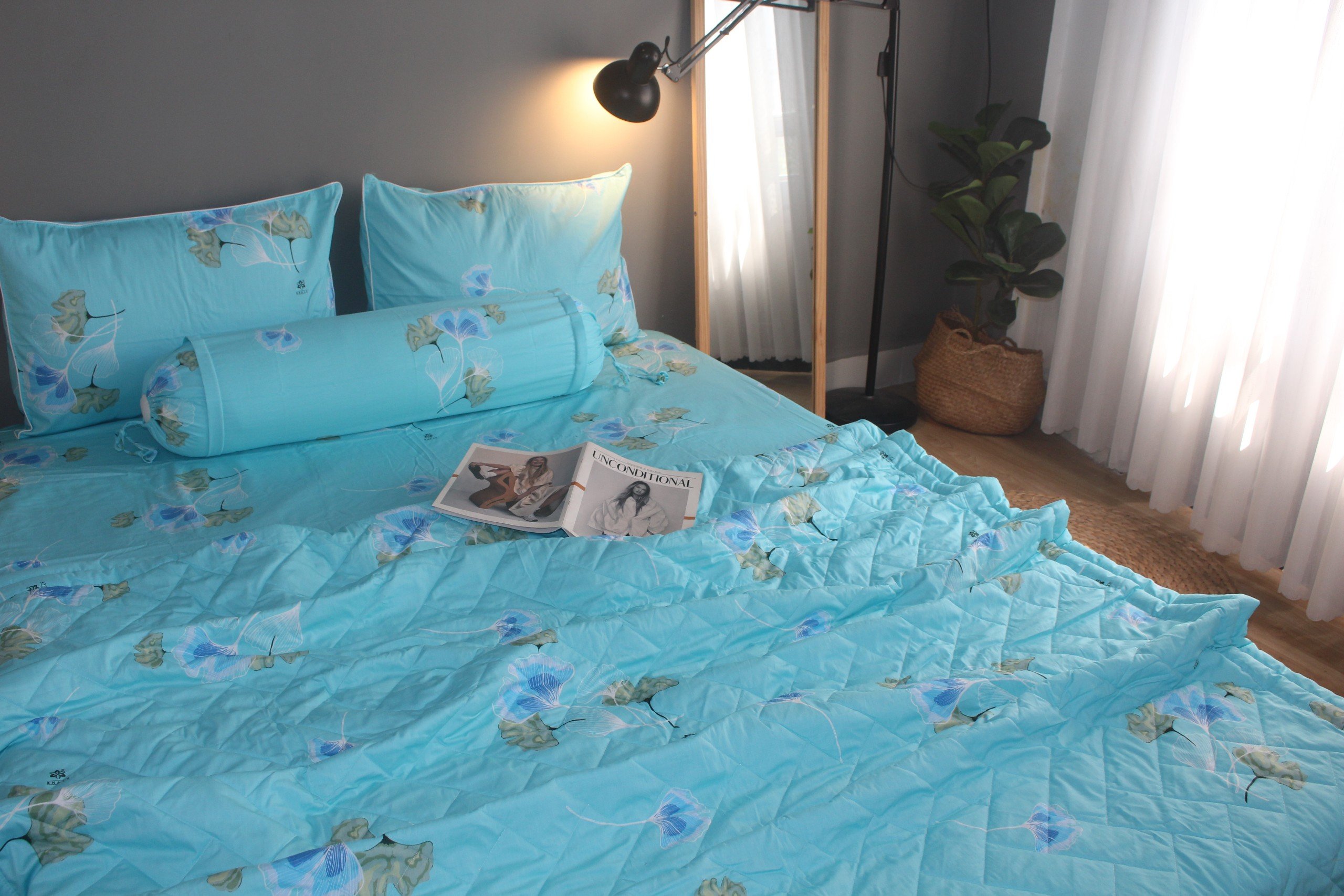 Bộ drap gối KHA LY - 100% cotton thiên nhiên Rau Má-Xanh Ngọc