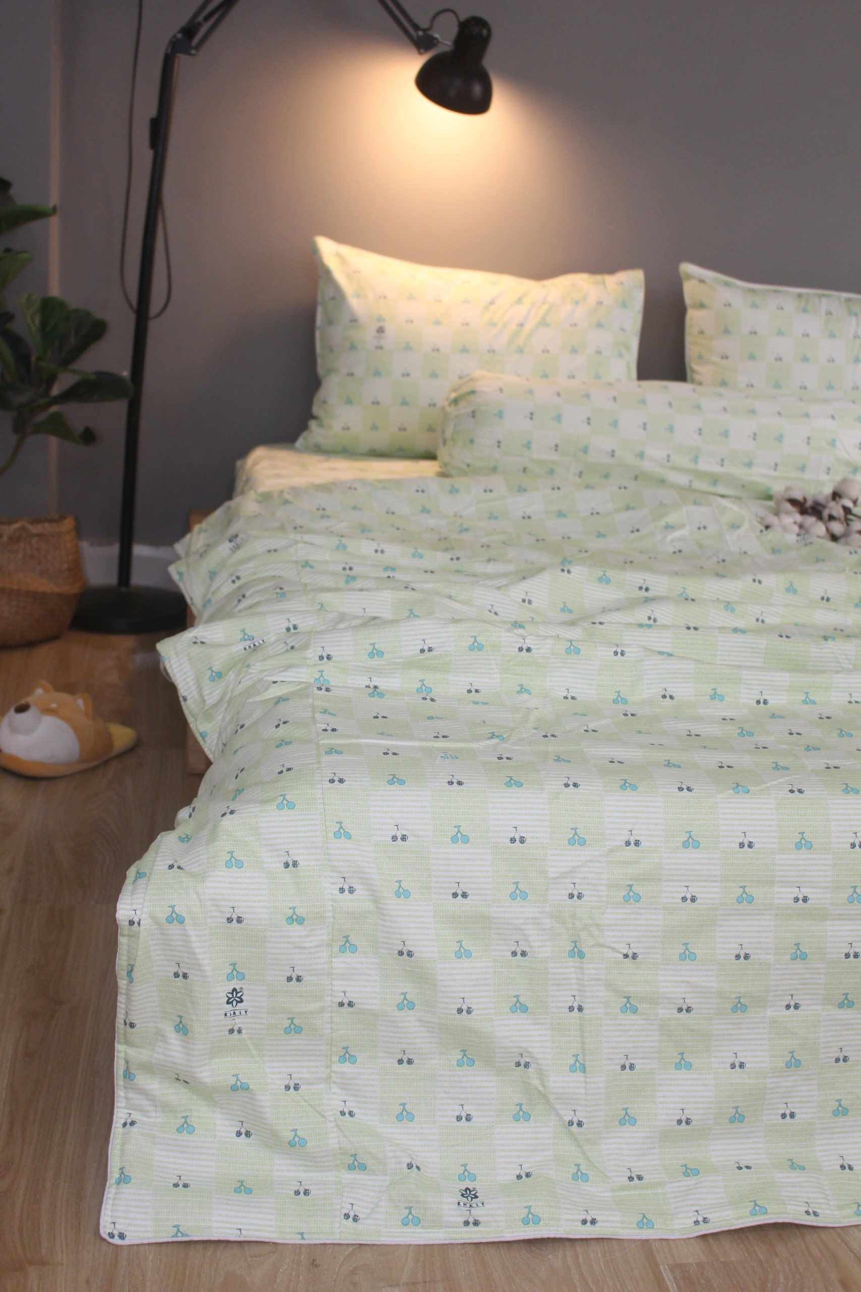 Bộ drap gối KHA LY - 100% cotton thiên nhiên Cherry Xanh Lá
