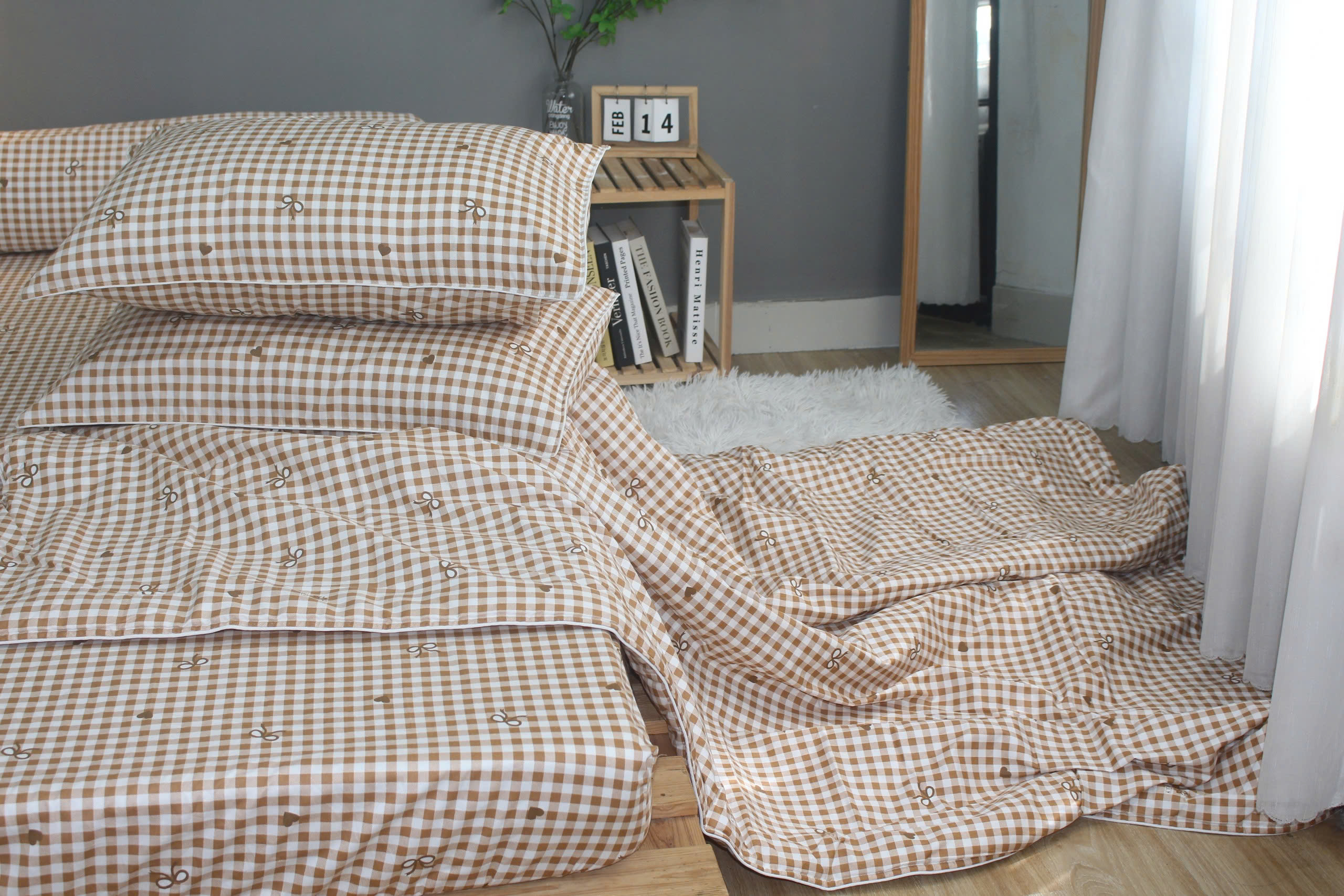 Bộ drap gối KHA LY - 100% cotton thiên nhiên Caro Nơ-nâu
