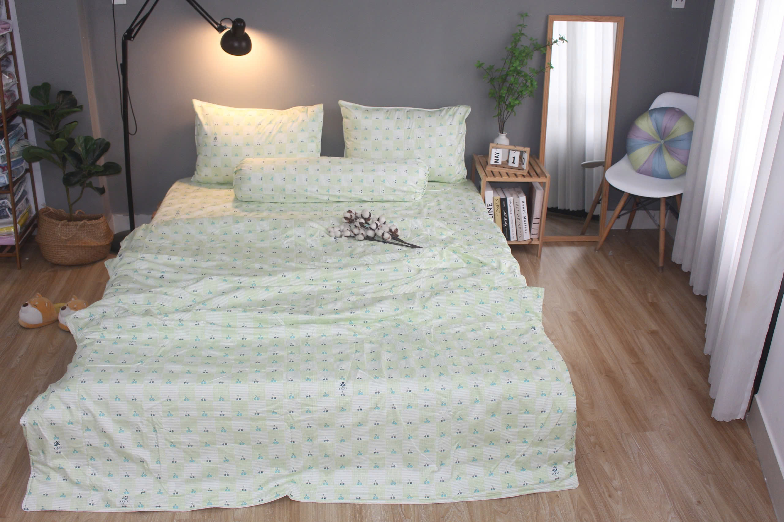 Bộ drap gối KHA LY - 100% cotton thiên nhiên Cherry Xanh Lá