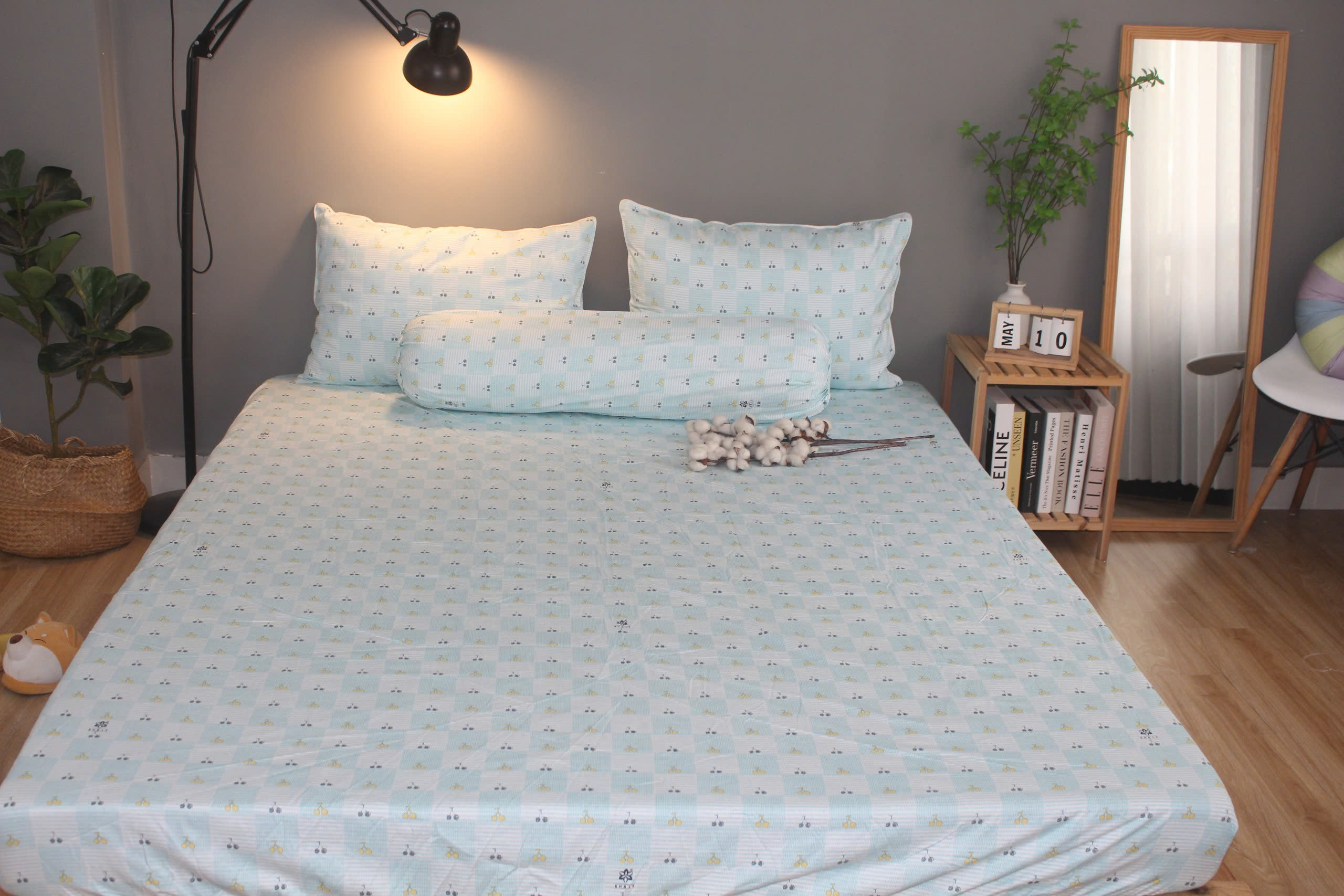 Bộ drap gối KHA LY - 100% cotton thiên nhiên Cherry Ngọc