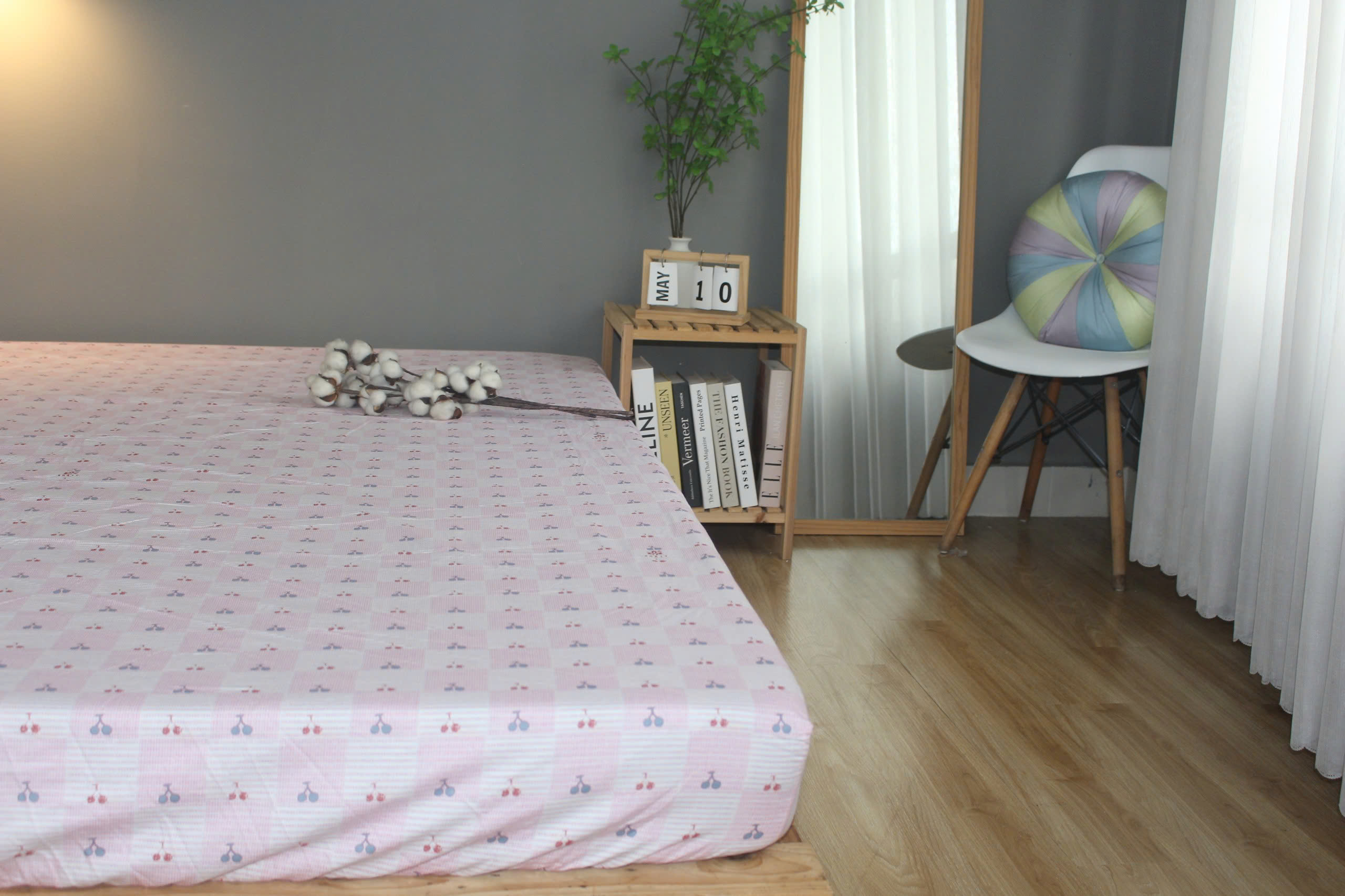 Bộ drap gối KHA LY - 100% cotton thiên nhiên Cherry Hồng