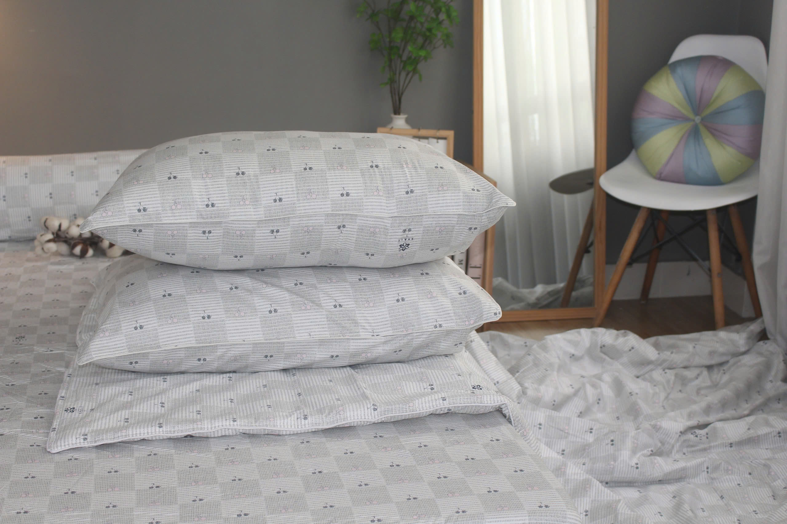 Bộ drap gối KHA LY - 100% cotton thiên nhiên Cherry Xám