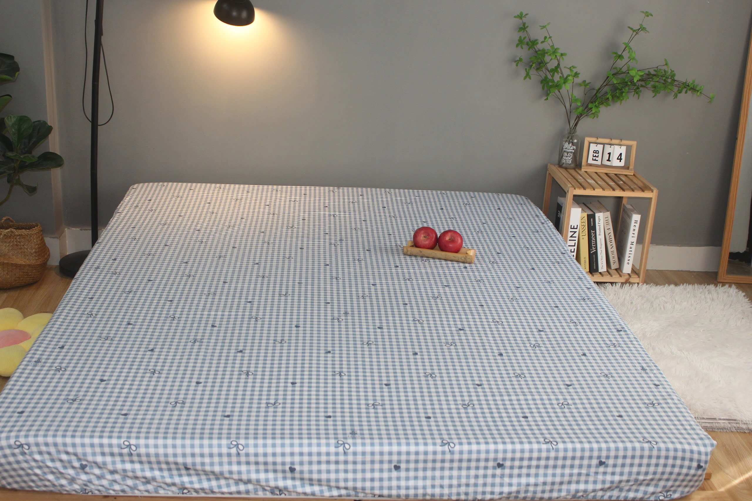 Bộ drap gối KHA LY - 100% cotton thiên nhiên Caro Nơ-Xanh Biển