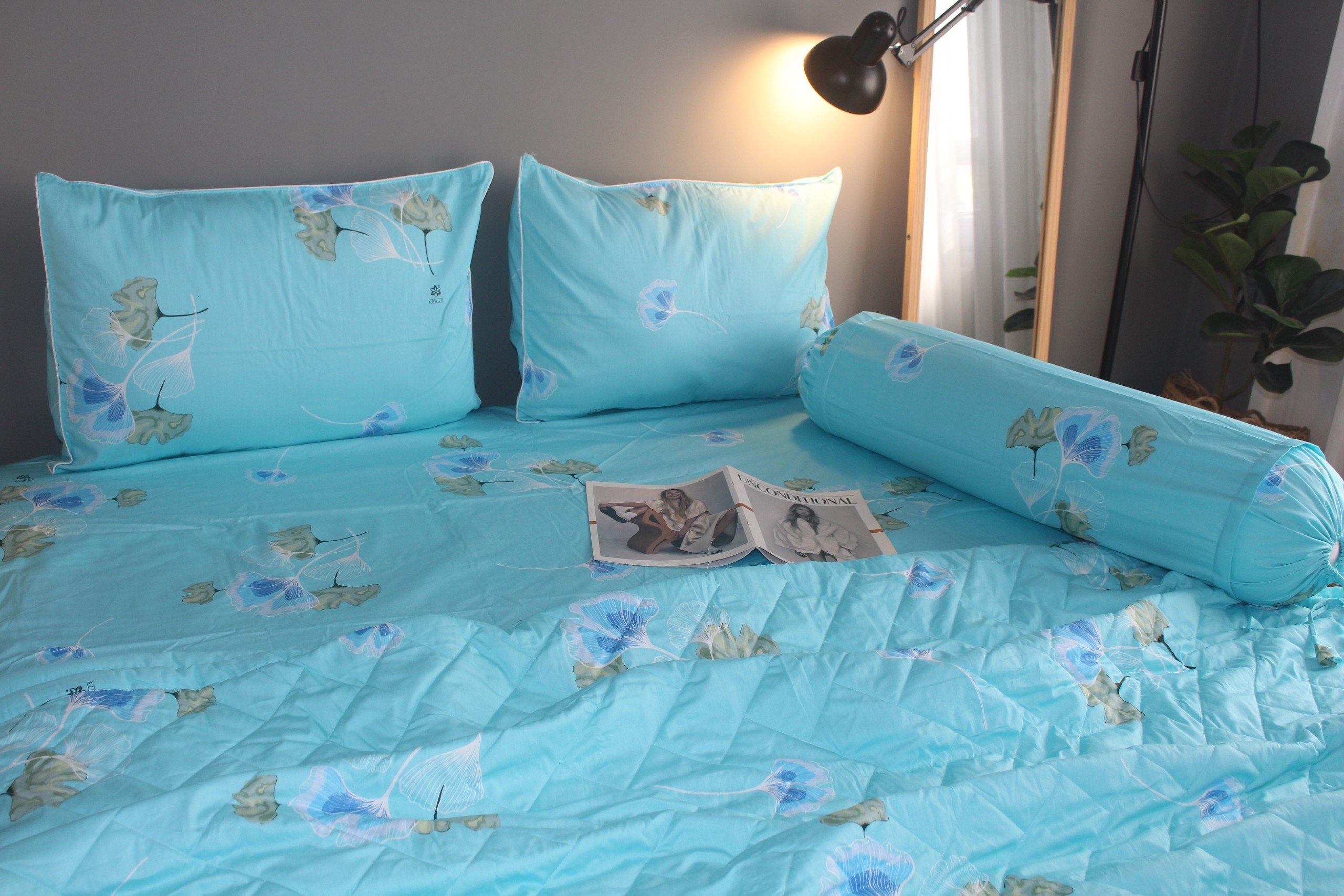 Bộ drap gối KHA LY - 100% cotton thiên nhiên Rau Má-Xanh Ngọc
