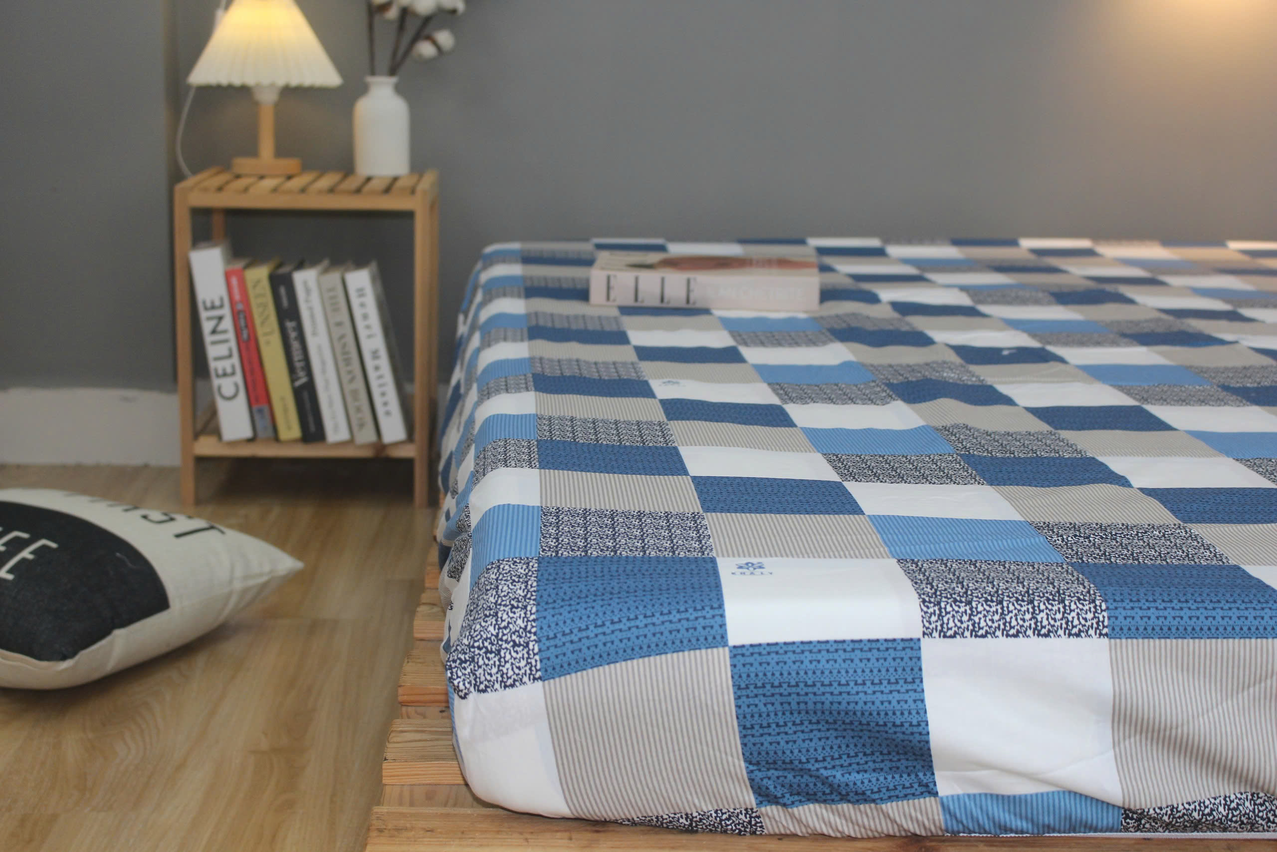 Bộ drap gối KHA LY - 100% cotton thiên nhiên Caro Xám