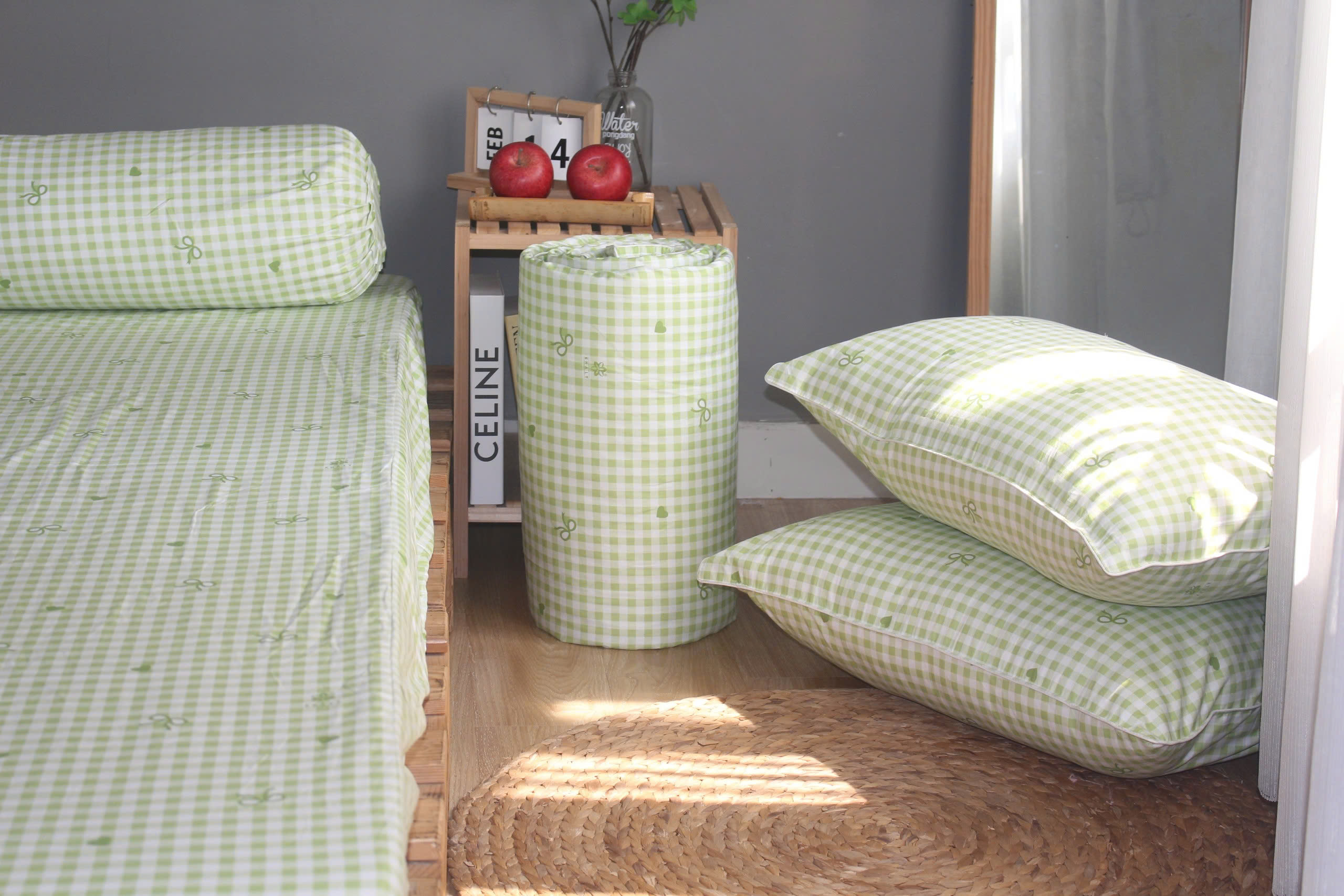 Bộ drap gối KHA LY - 100% cotton thiên nhiên Caro Nơ-Xanh