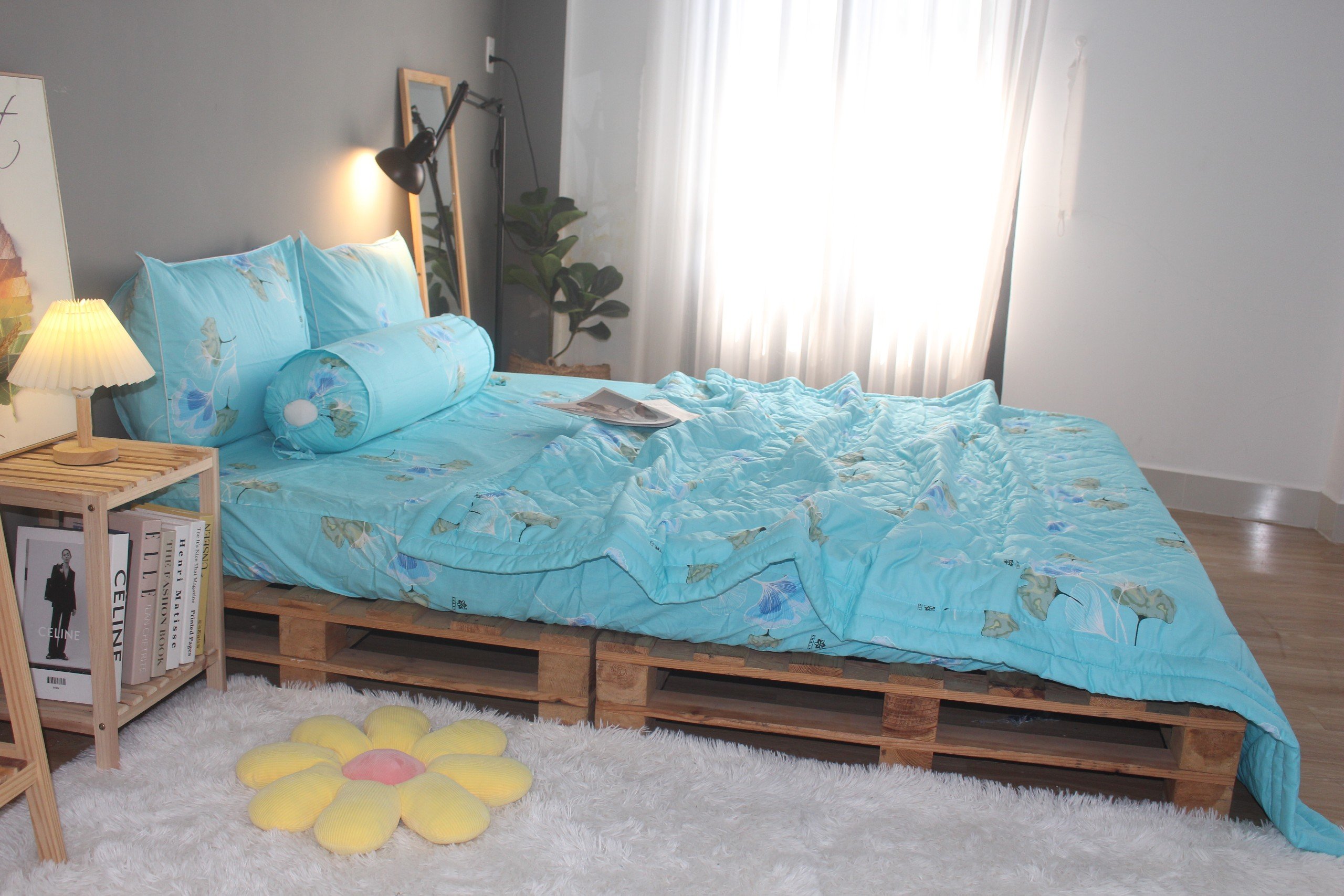 Bộ drap gối KHA LY - 100% cotton thiên nhiên Rau Má-Xanh Ngọc