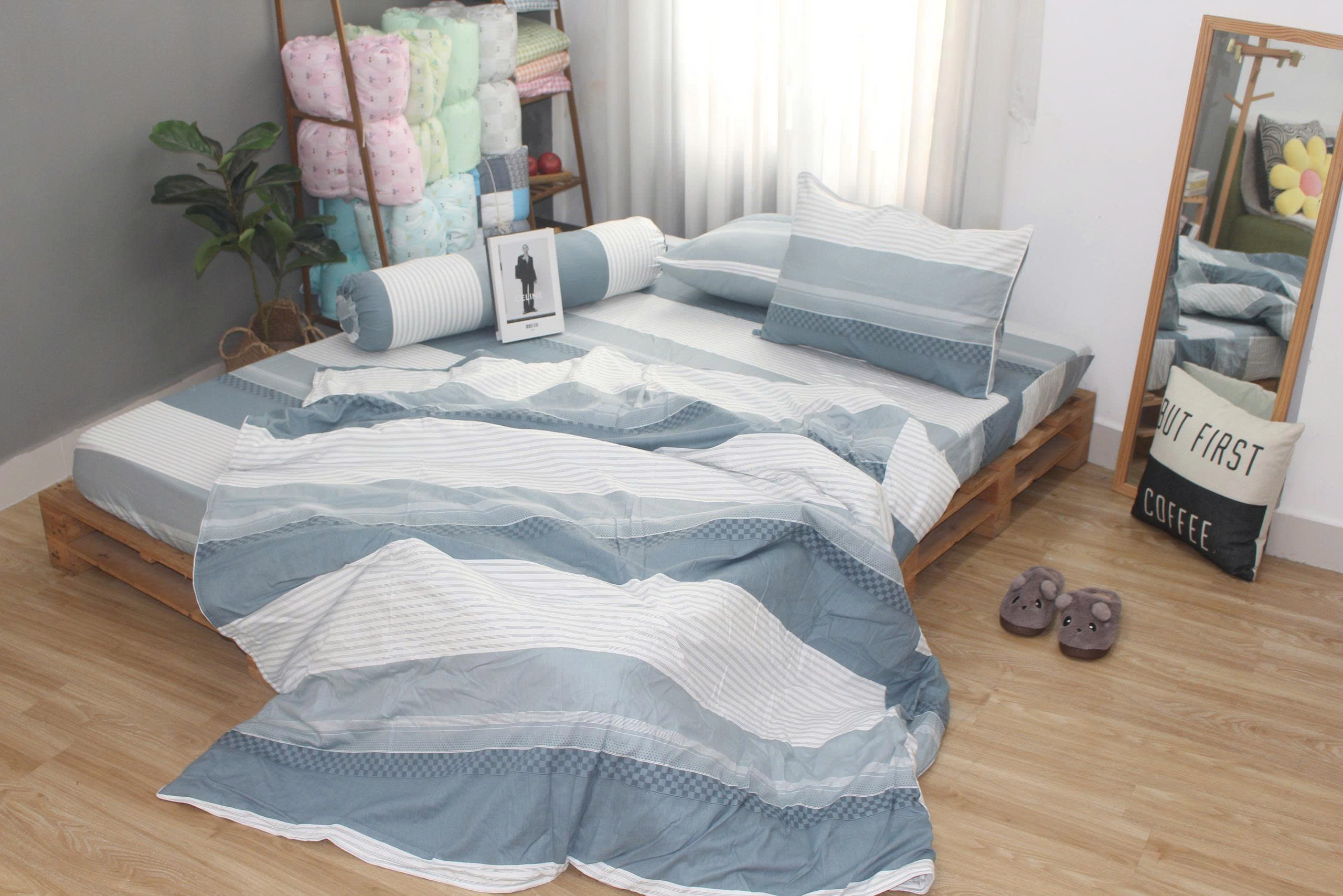 Bộ drap gối KHA LY - 100% cotton thiên nhiên Sọc Ngang Xám