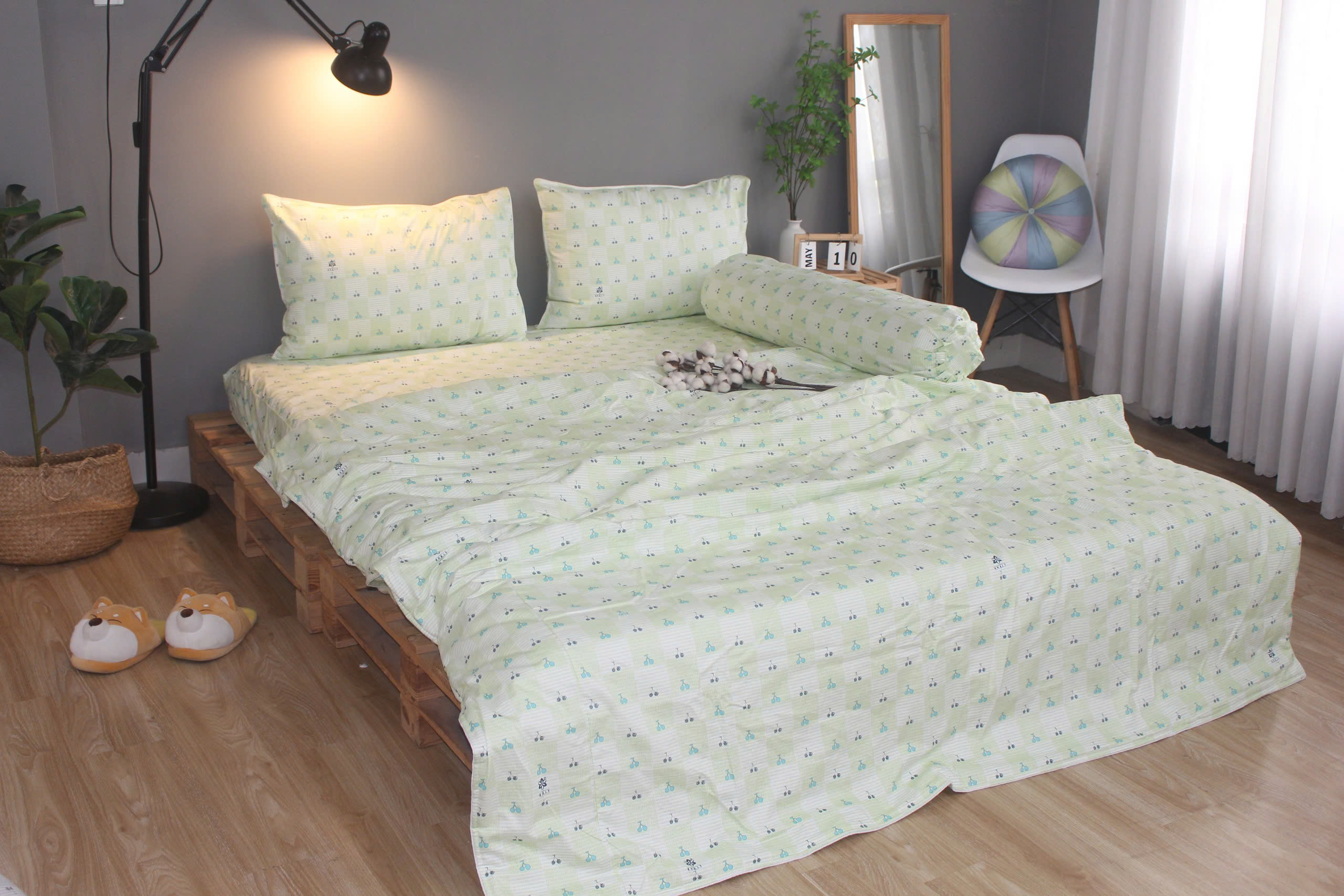 Bộ drap gối KHA LY - 100% cotton thiên nhiên Cherry Xanh Lá