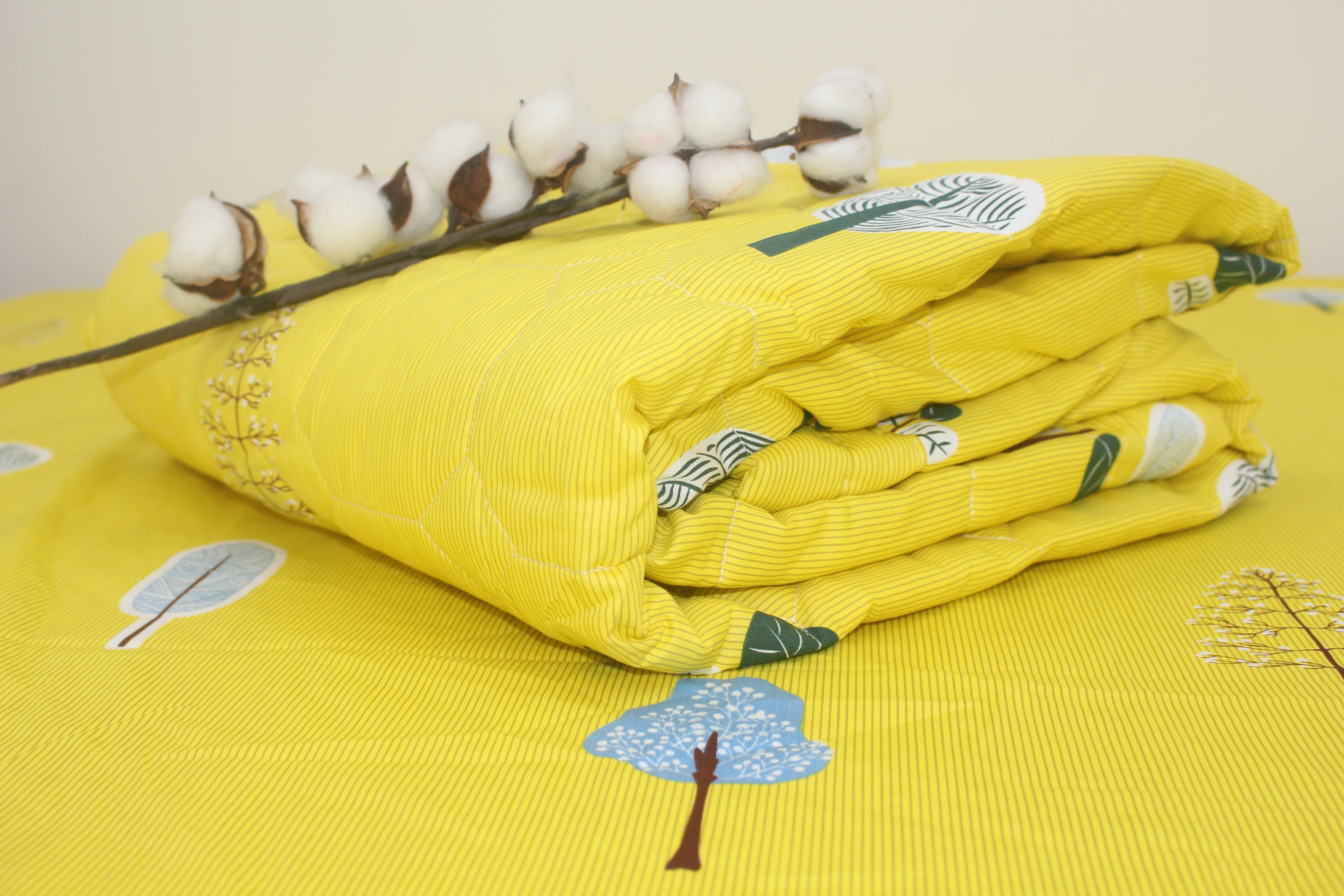 Bộ drap gối KHA LY - 100% cotton thiên nhiên Tree Vàng