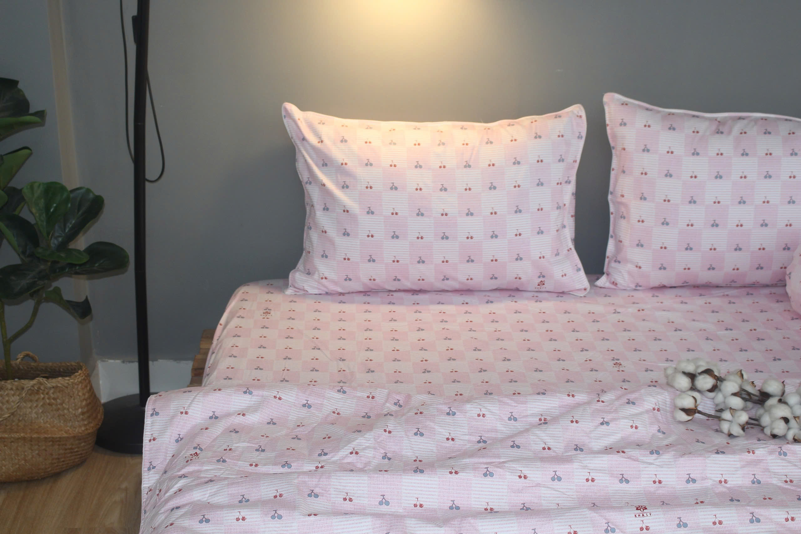 Bộ drap gối KHA LY - 100% cotton thiên nhiên Cherry Hồng