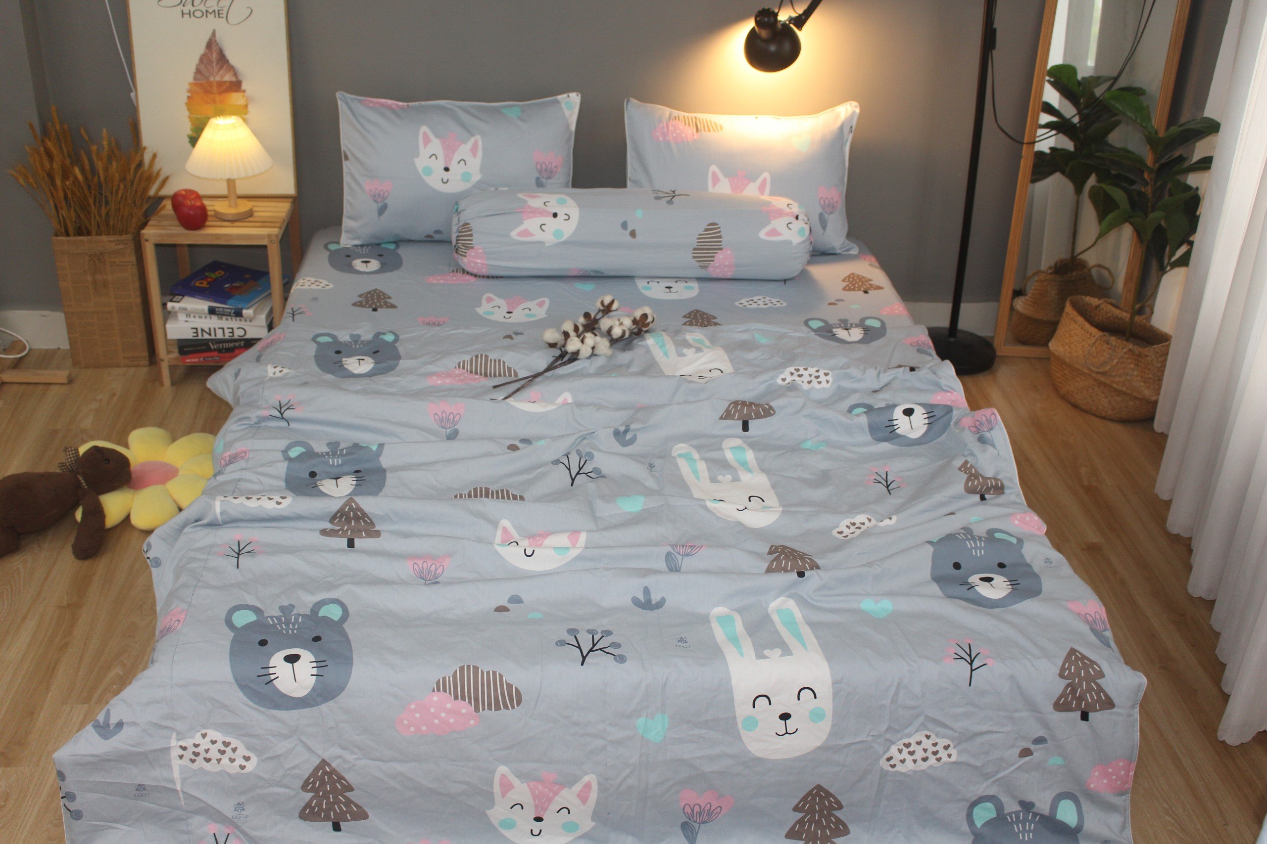Bộ drap gối KHA LY - 100% cotton thiên nhiên - Thỏ Xám