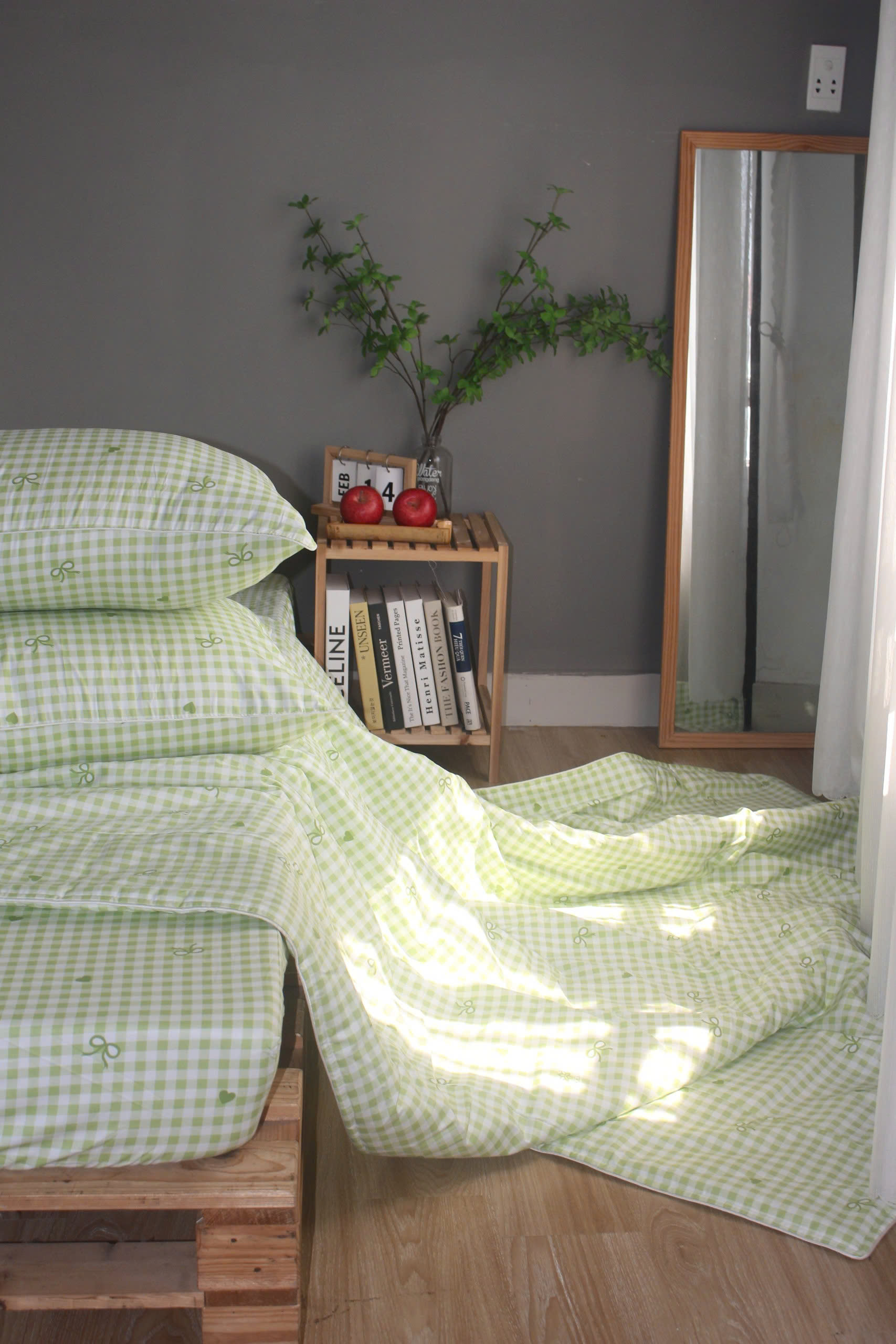 Bộ drap gối KHA LY - 100% cotton thiên nhiên Caro Nơ-Xanh