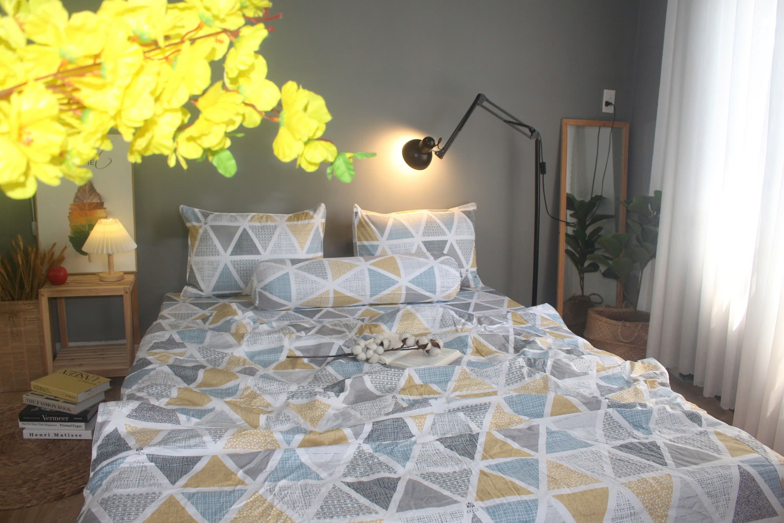 Bộ drap gối KHA LY - 100% cotton thiên nhiên Tam Giác Nhạt
