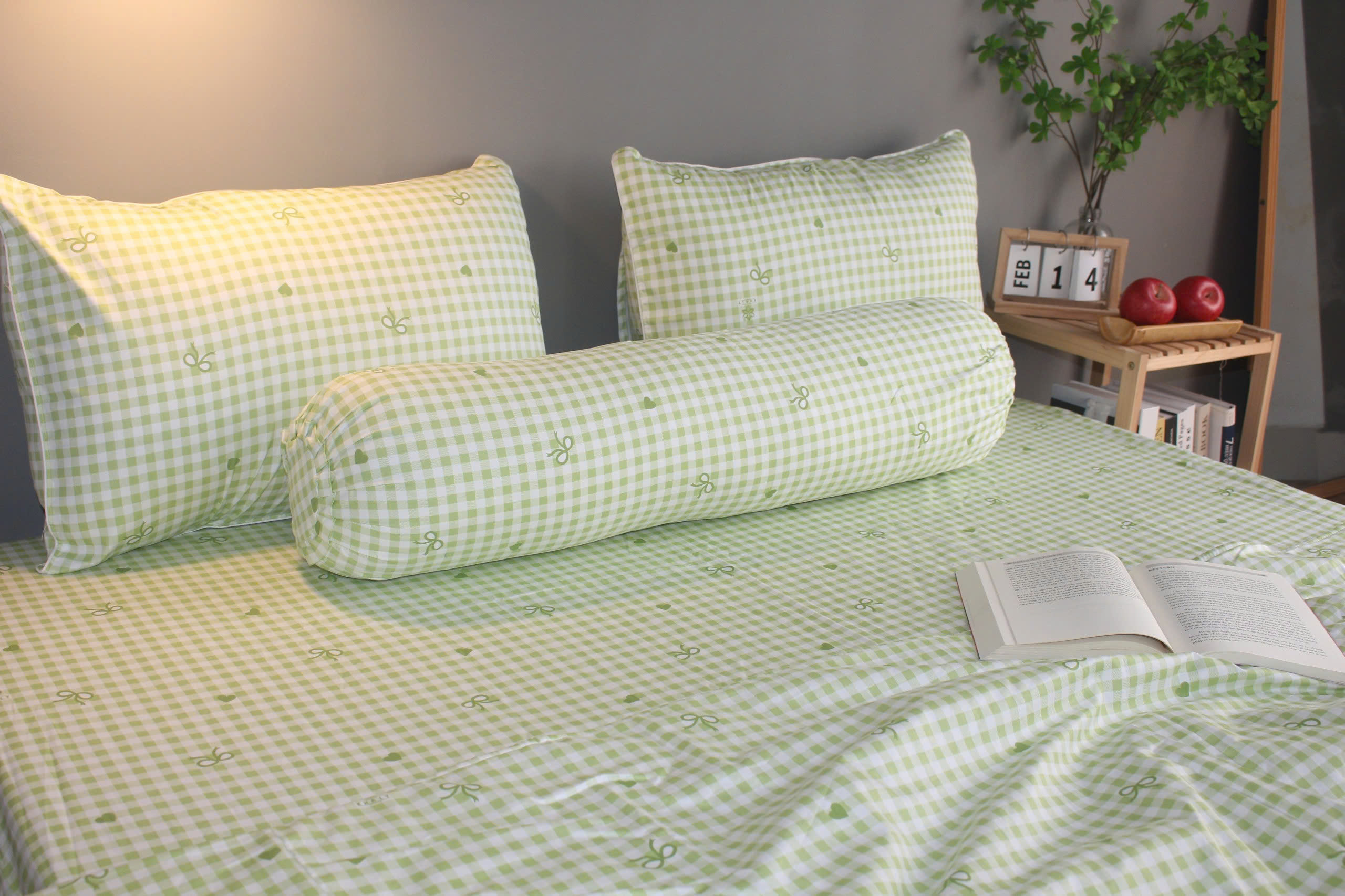 Bộ drap gối KHA LY - 100% cotton thiên nhiên Caro Nơ-Xanh