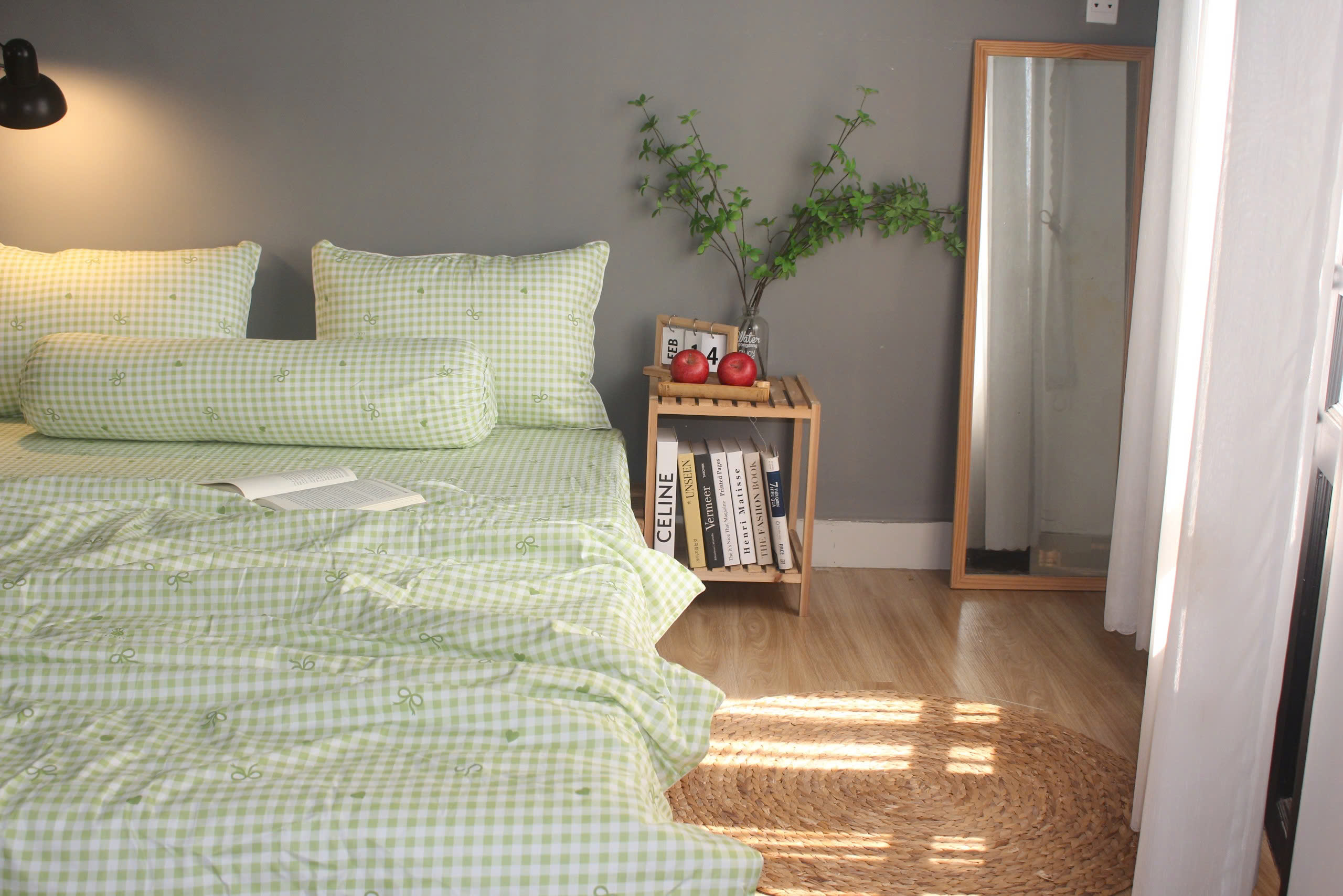 Bộ drap gối KHA LY - 100% cotton thiên nhiên Caro Nơ-Xanh