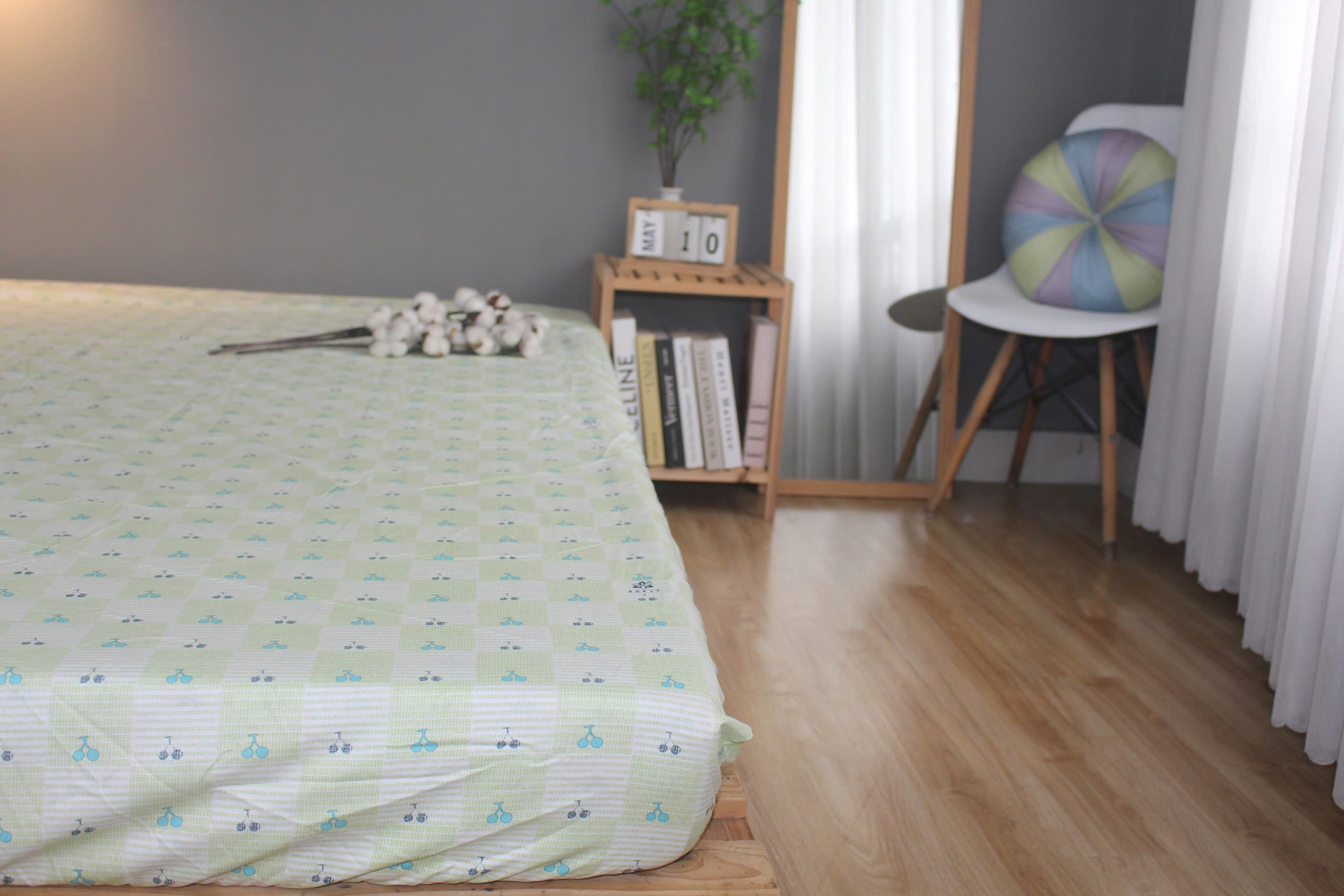 Bộ drap gối KHA LY - 100% cotton thiên nhiên Cherry Xanh Lá