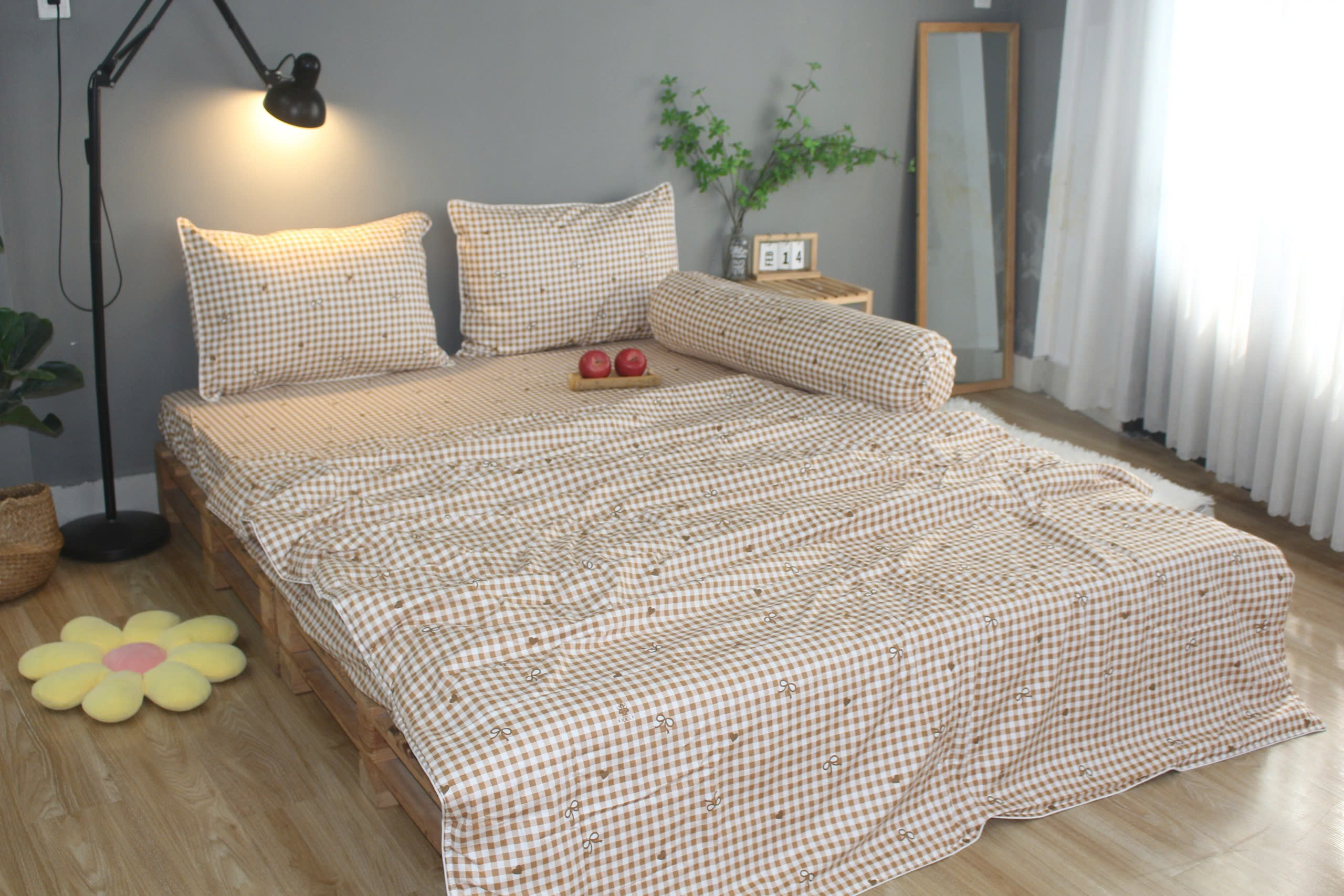 Bộ drap gối KHA LY - 100% cotton thiên nhiên Caro Nơ-nâu