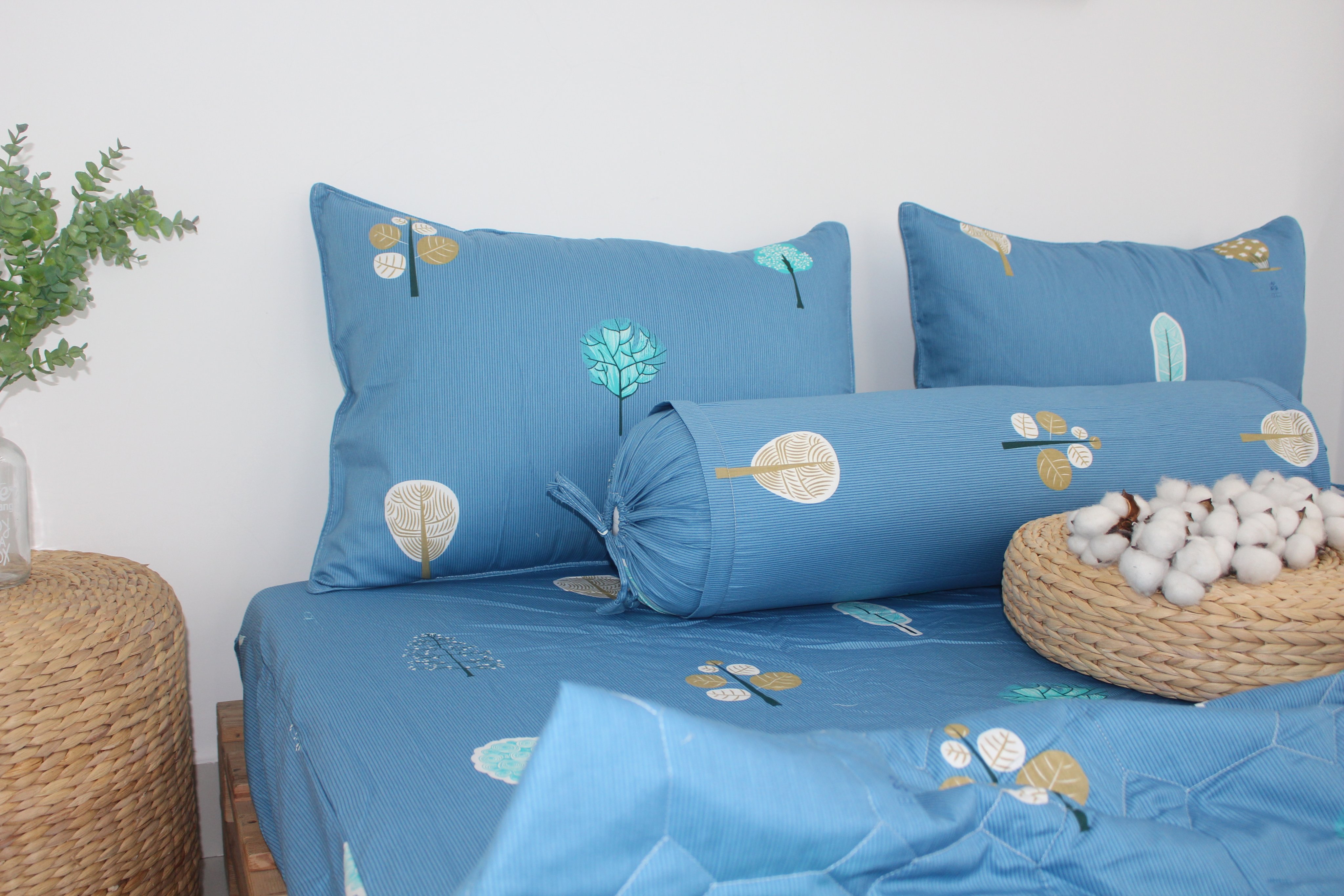 Bộ drap gối KHA LY - 100% cotton thiên nhiên- Tree Xanh