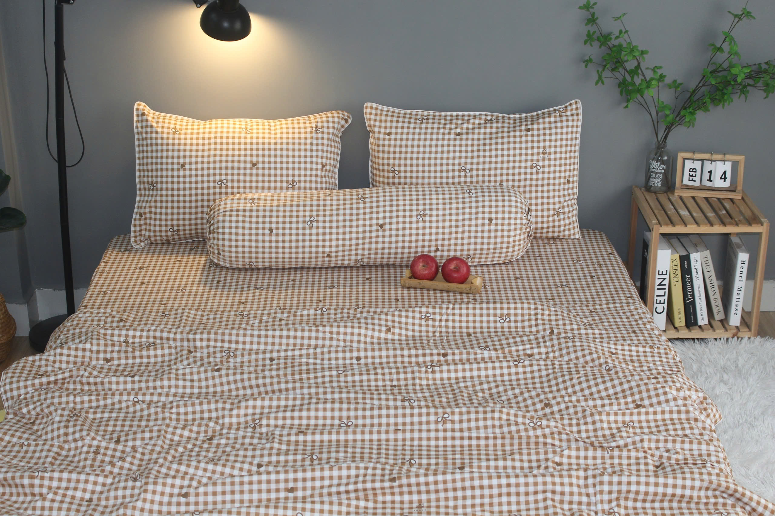 Bộ drap gối KHA LY - 100% cotton thiên nhiên Caro Nơ-nâu