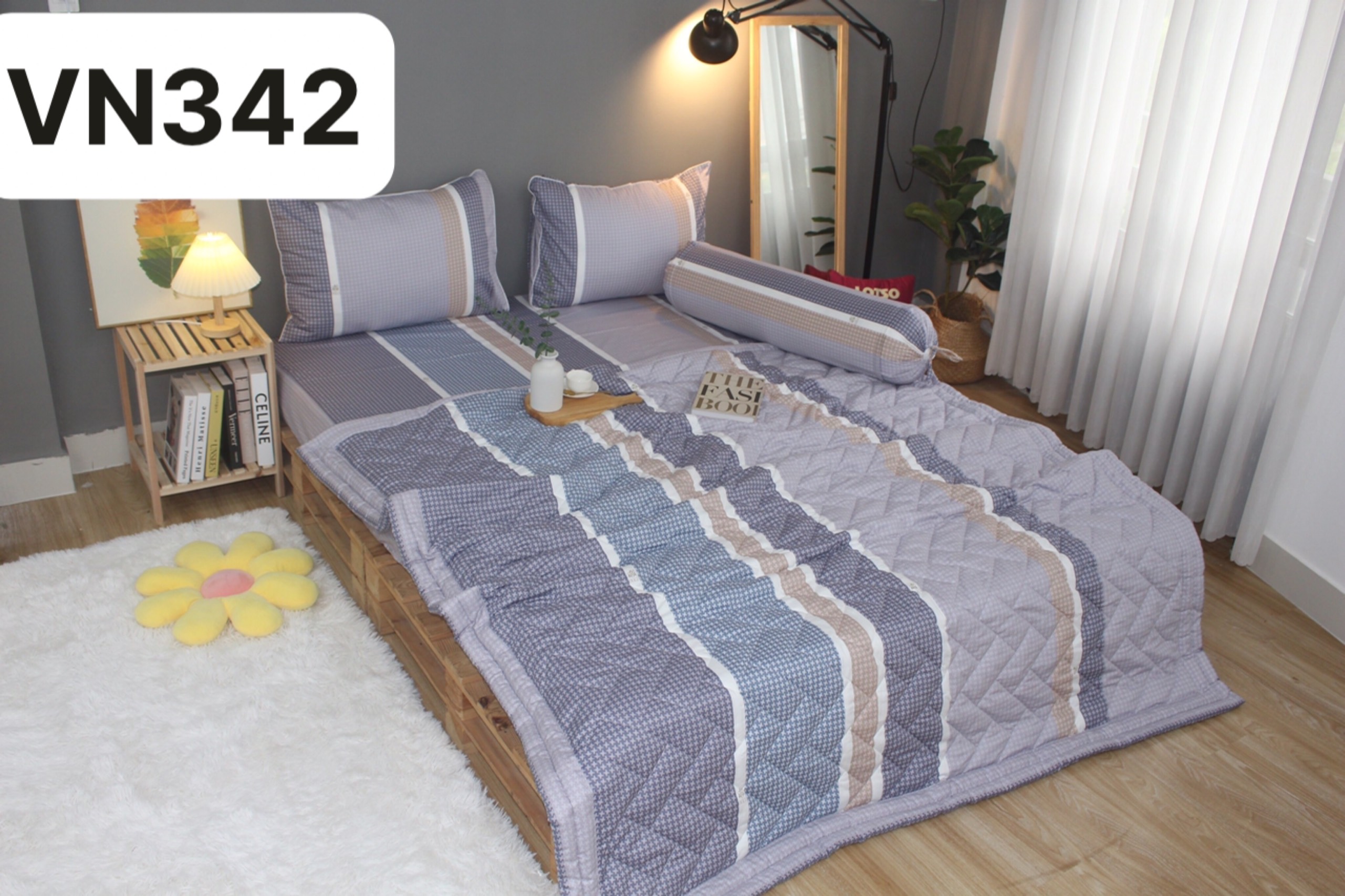 Bộ drap gối KHA LY - 100% cotton thiên nhiên Sọc Nhí-Xám