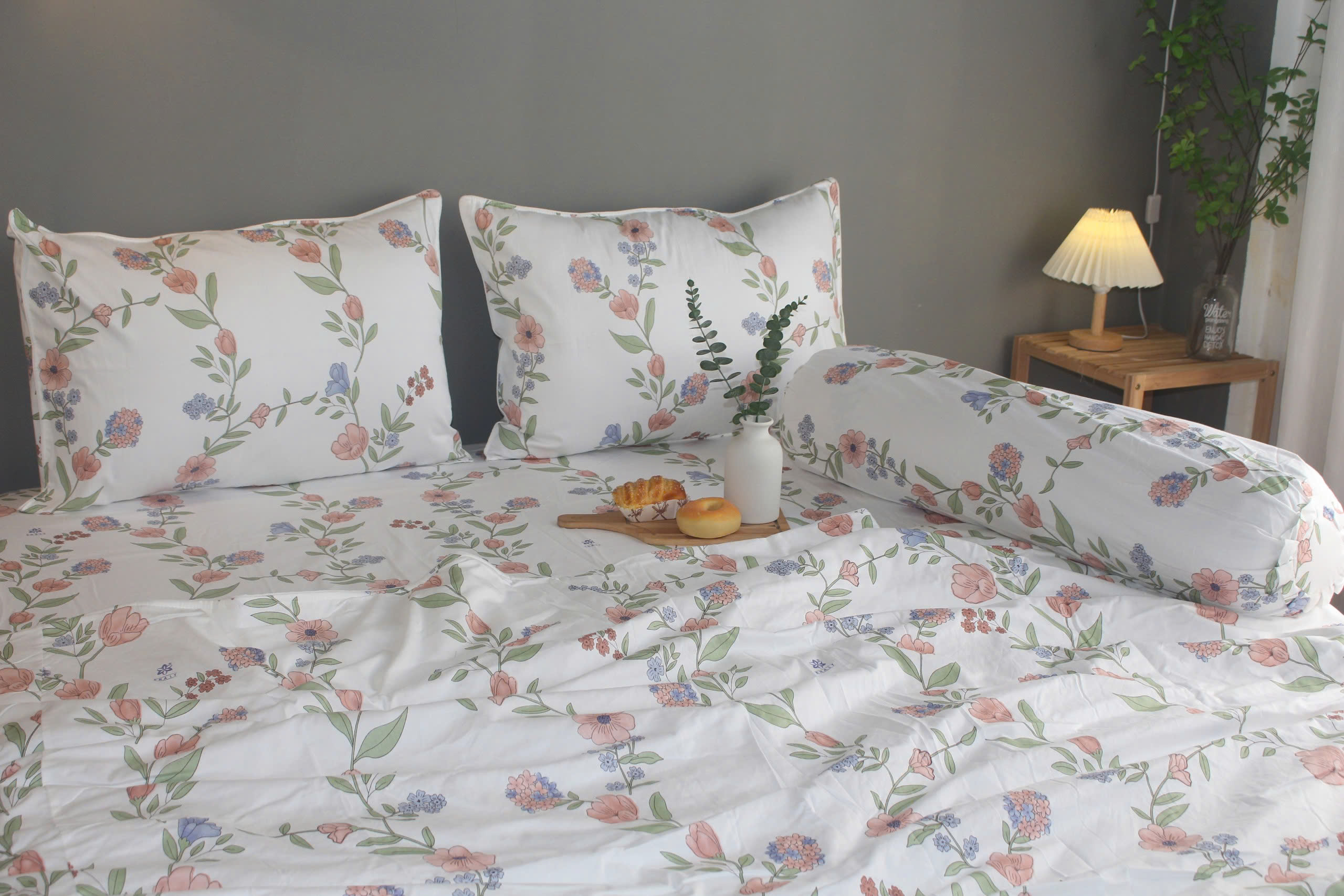 Bộ drap gối KHA LY - 100% cotton thiên nhiên Dây Leo-Trắng