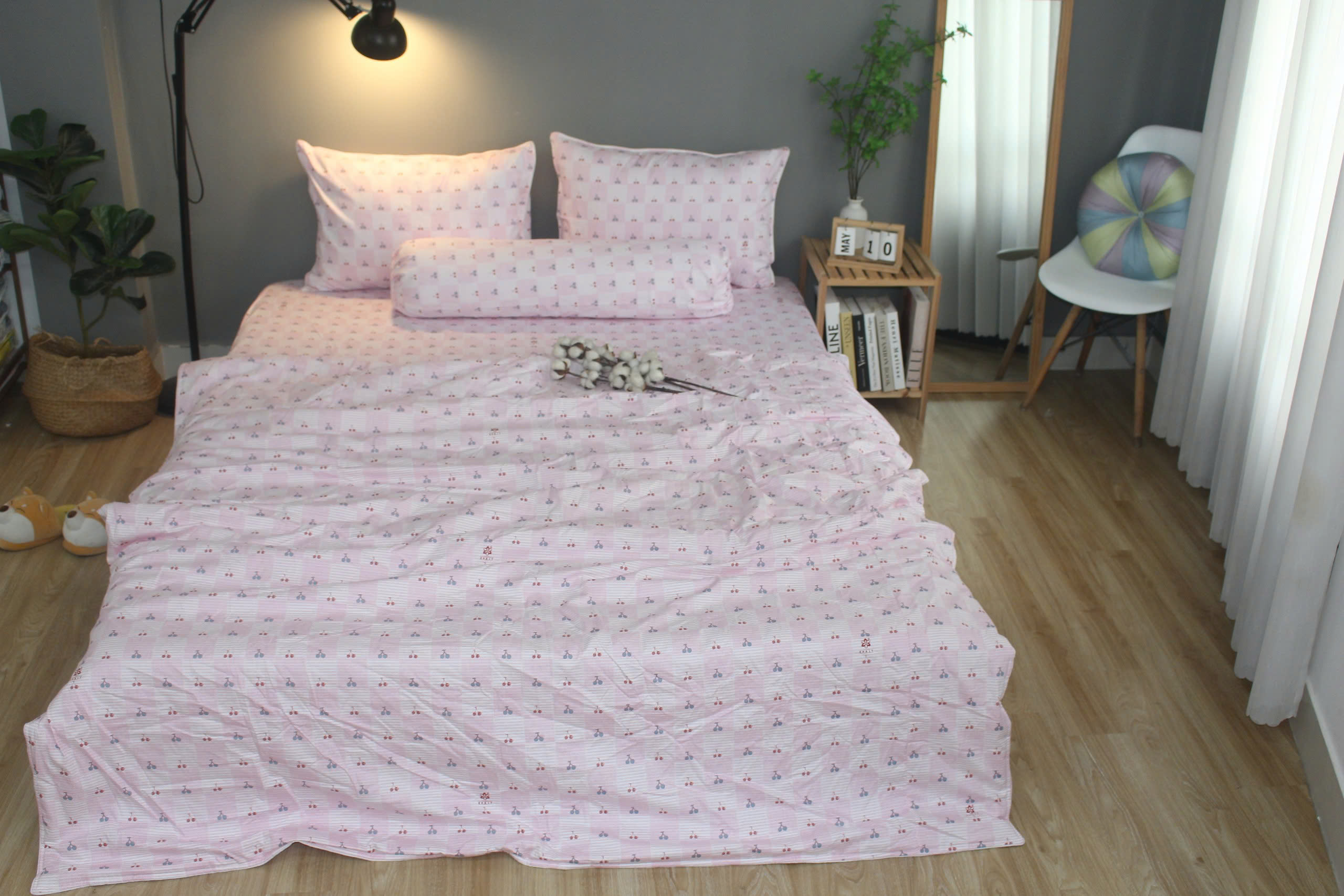 Bộ drap gối KHA LY - 100% cotton thiên nhiên Cherry Hồng