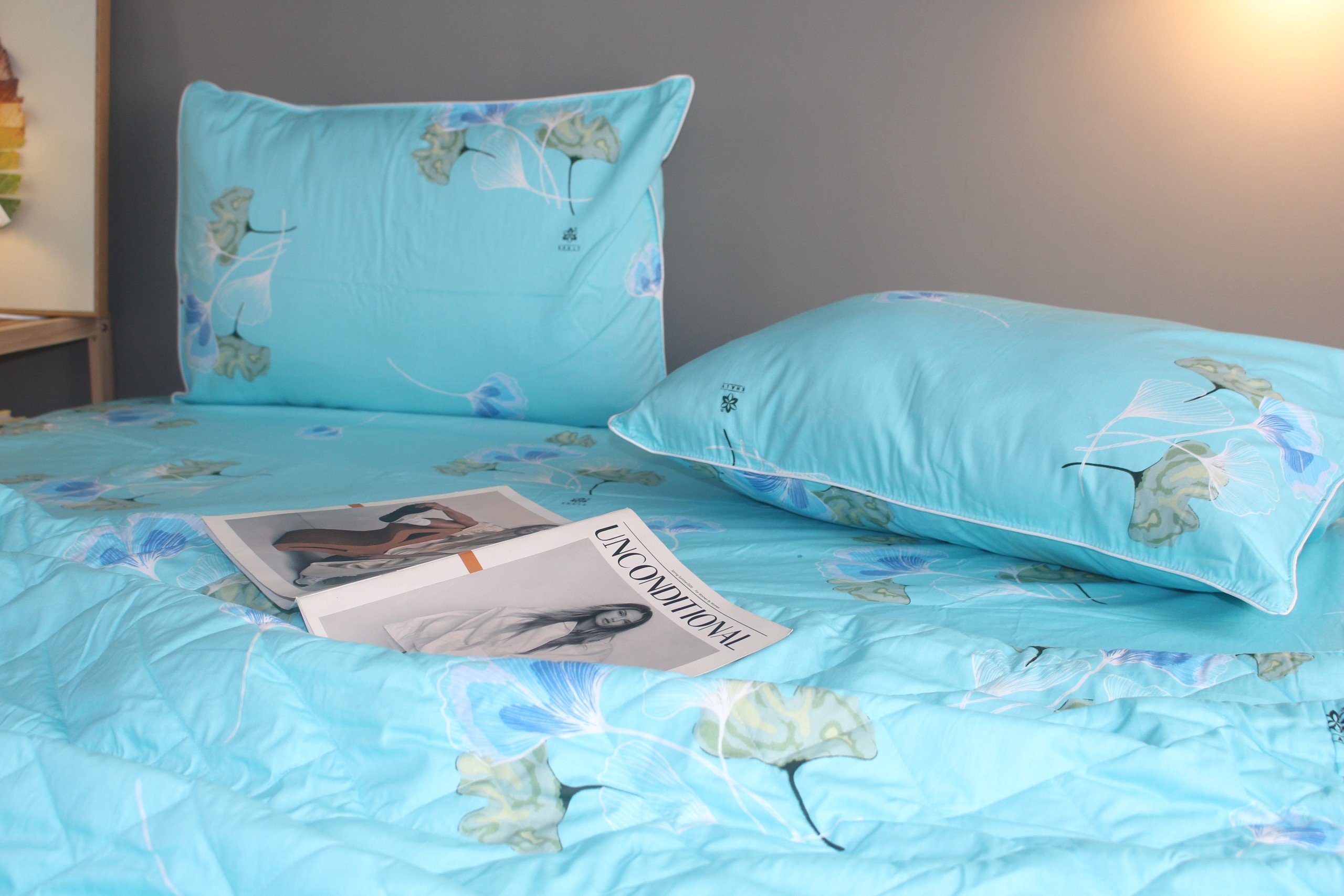 Bộ drap gối KHA LY - 100% cotton thiên nhiên Rau Má-Xanh Ngọc