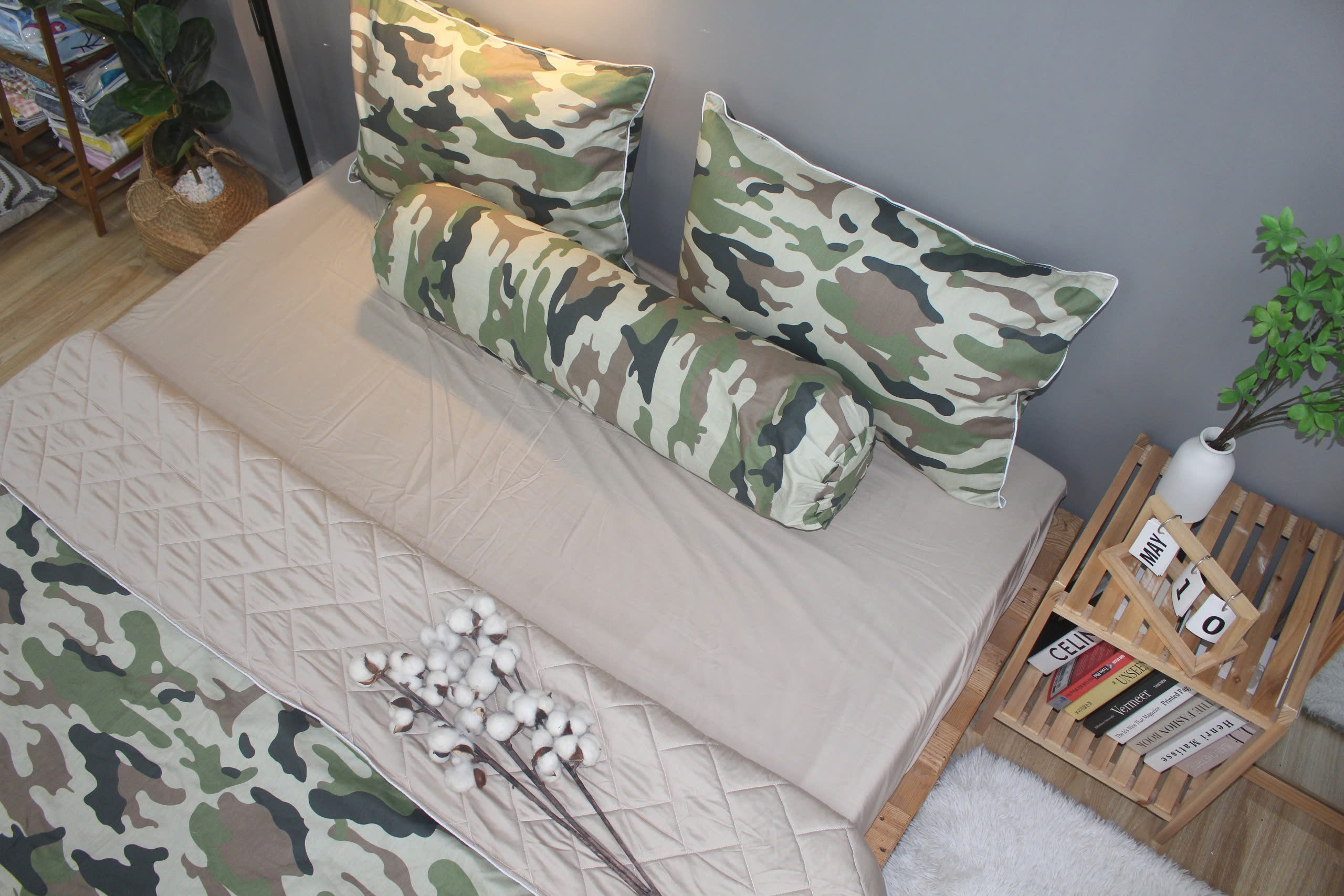 Bộ drap gối KHA LY - 100% cotton thiên nhiên Rằn ri XámPhối màu trơn