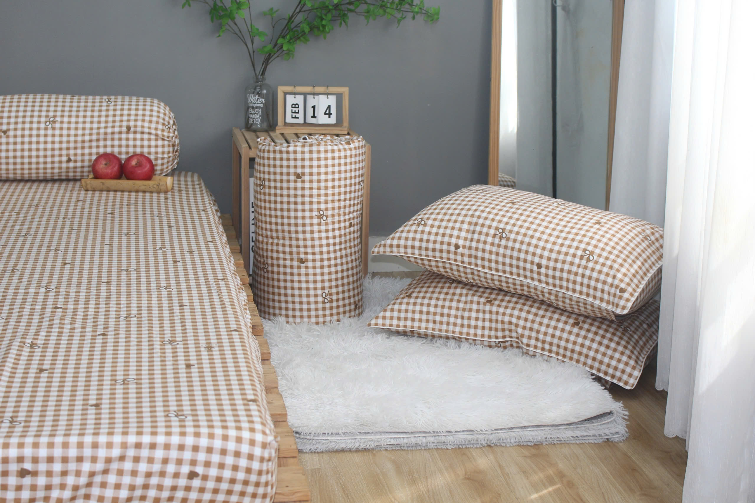 Bộ drap gối KHA LY - 100% cotton thiên nhiên Caro Nơ-nâu