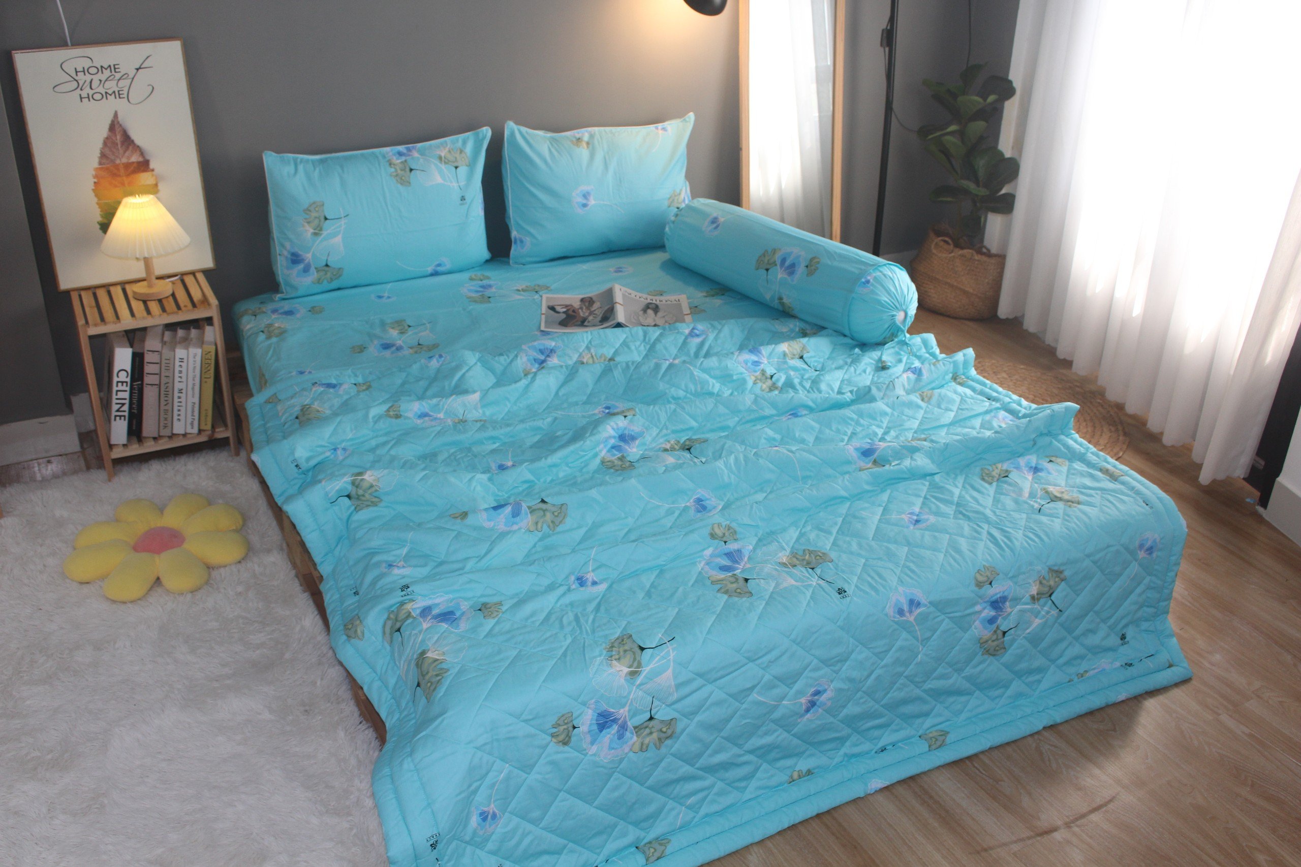 Bộ drap gối KHA LY - 100% cotton thiên nhiên Rau Má-Xanh Ngọc