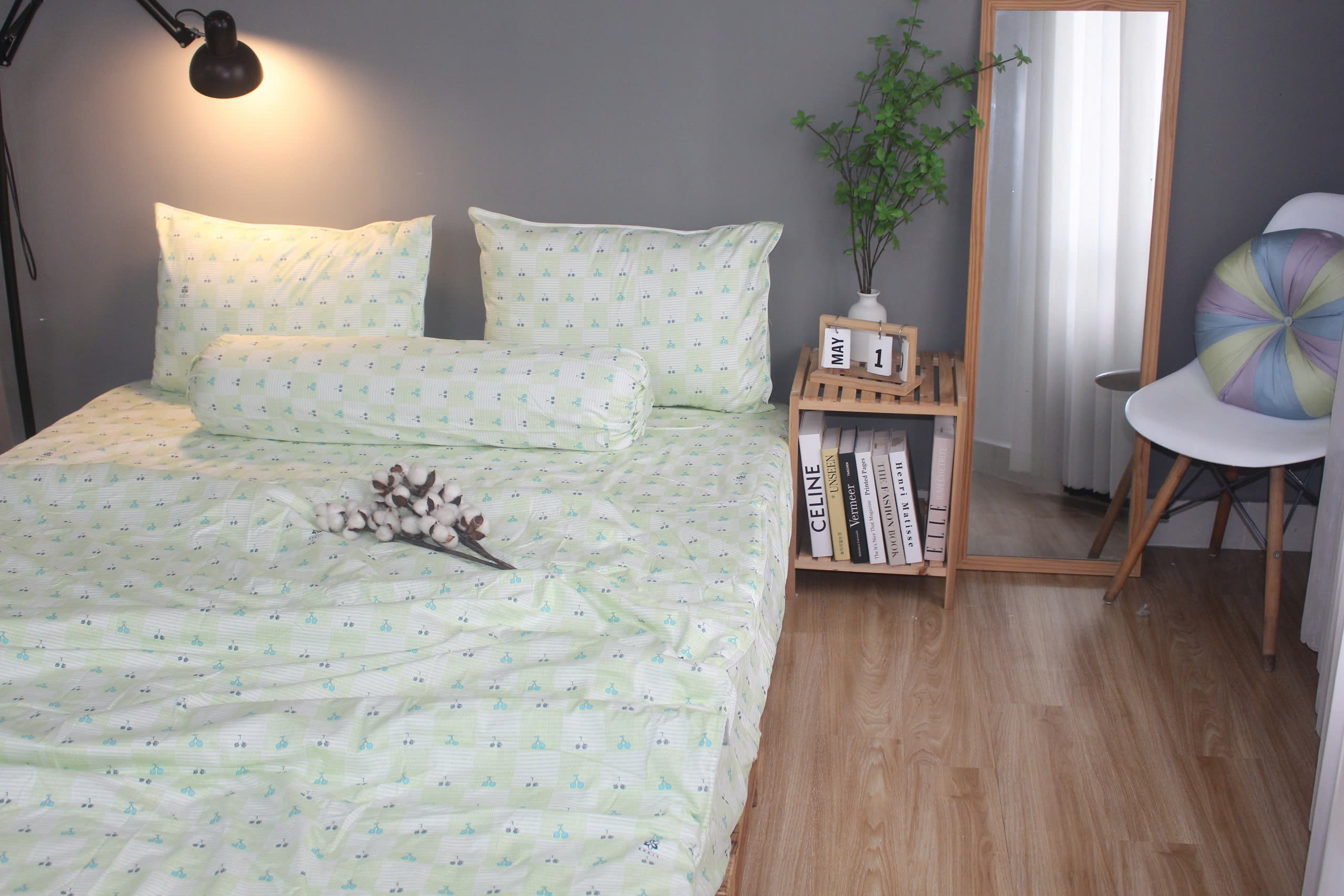 Bộ drap gối KHA LY - 100% cotton thiên nhiên Cherry Xanh Lá